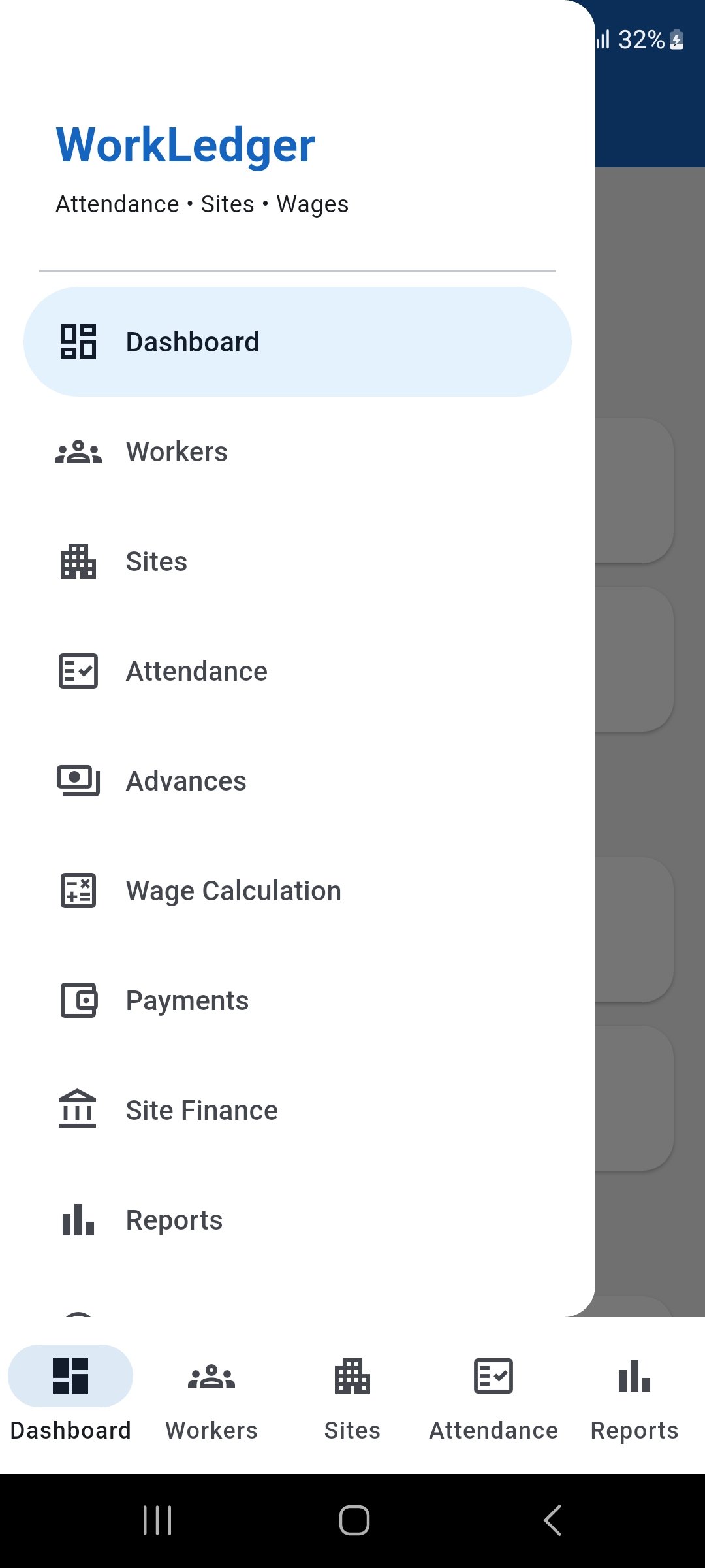 WorkLedger navigation menu showing the Advances option.
