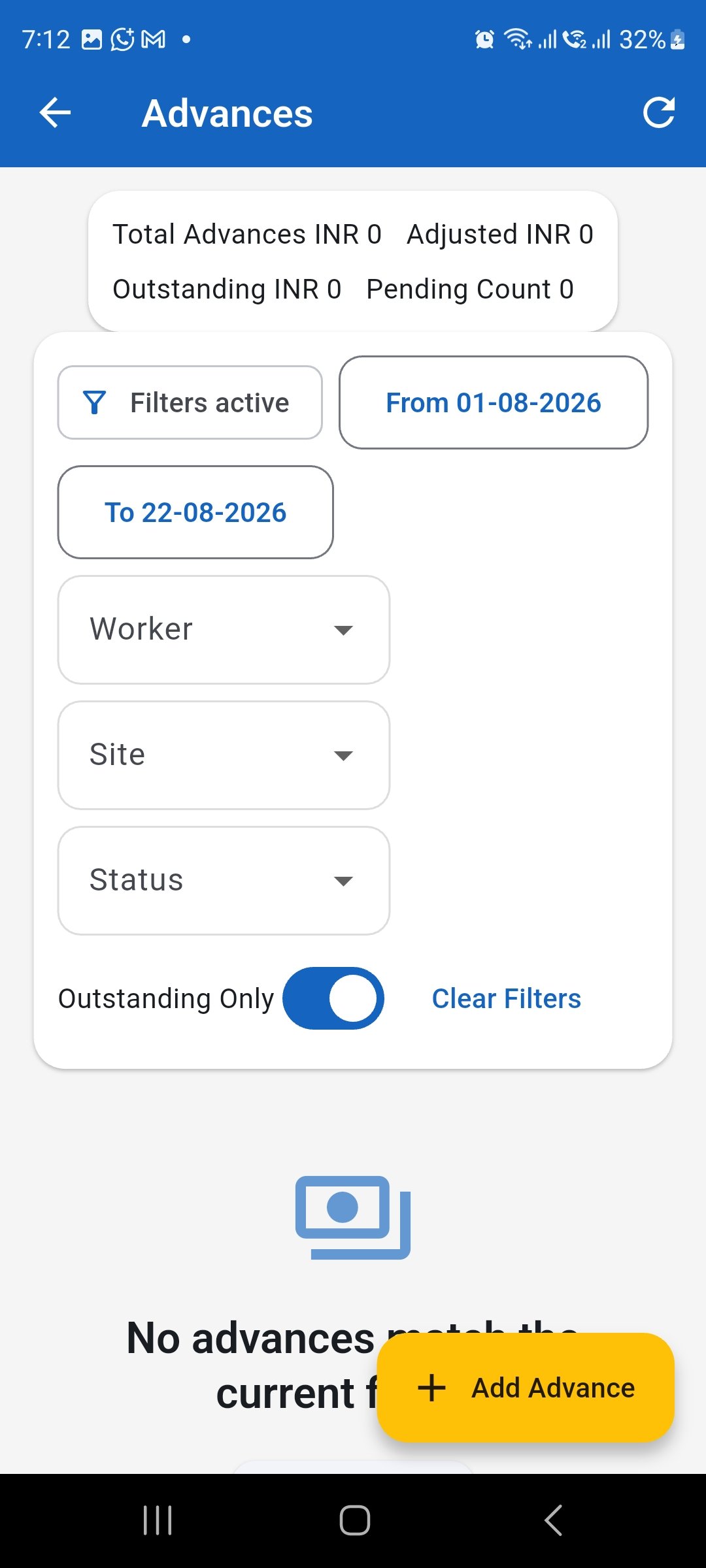 Worker Advances list showing the advance summary and date, worker, site, status, and Outstanding Only filters.