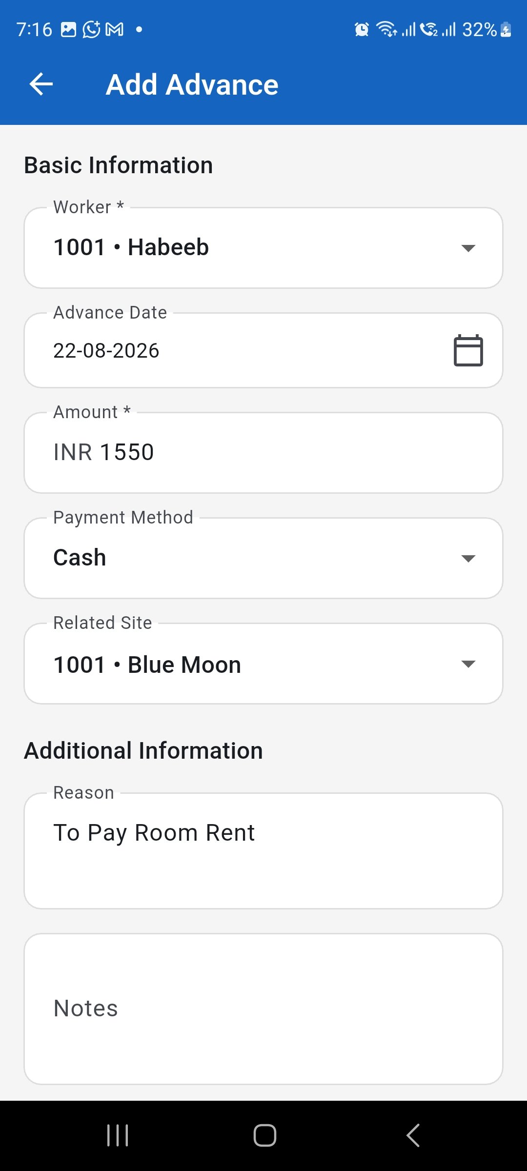 Add Advance screen showing worker, advance date, amount, payment method, site, reason, and notes fields.