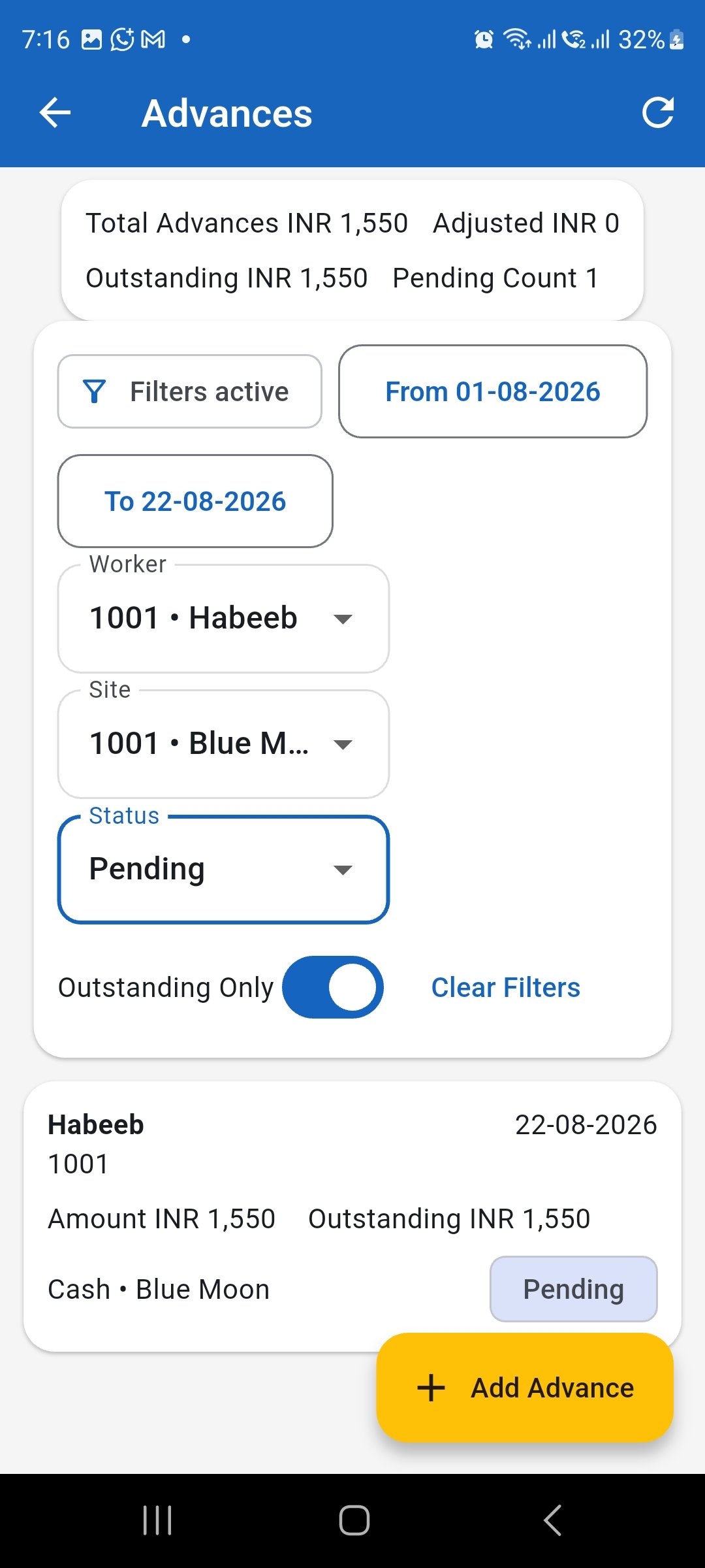 Worker Advances list showing a recorded advance with worker, amount, site, outstanding amount, and status.