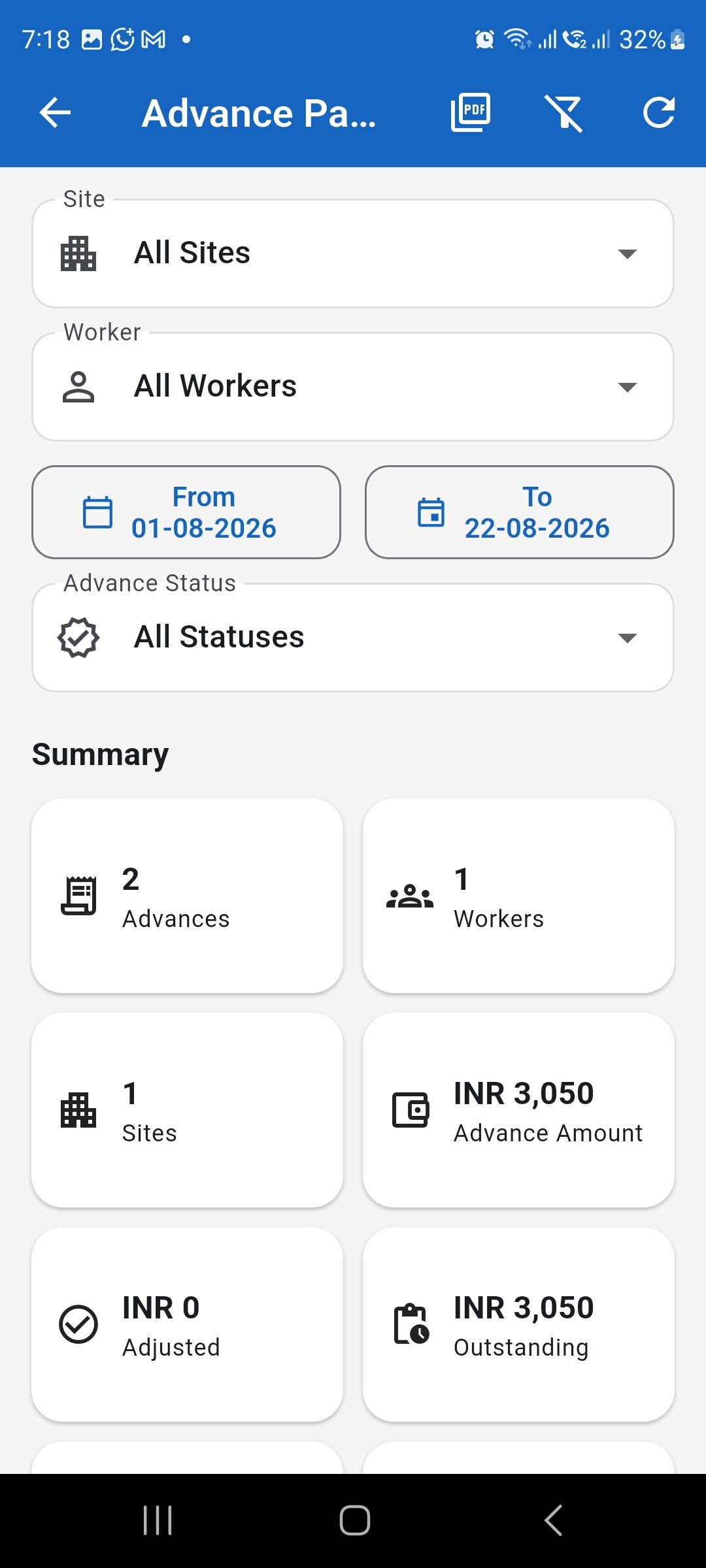 Advance Payment Report showing site, worker, date range, and status filters with advance, adjusted, and outstanding amounts.