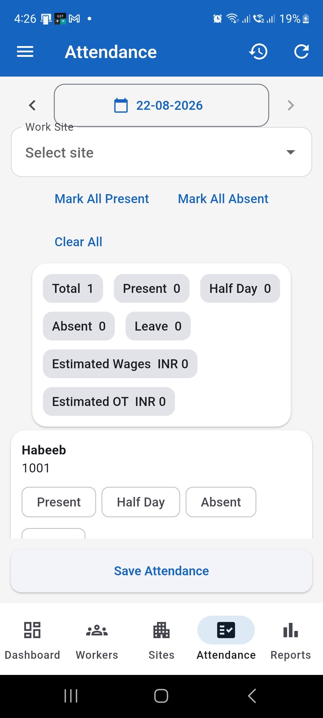 WorkLedger Attendance screen showing the work date and work site selector.
