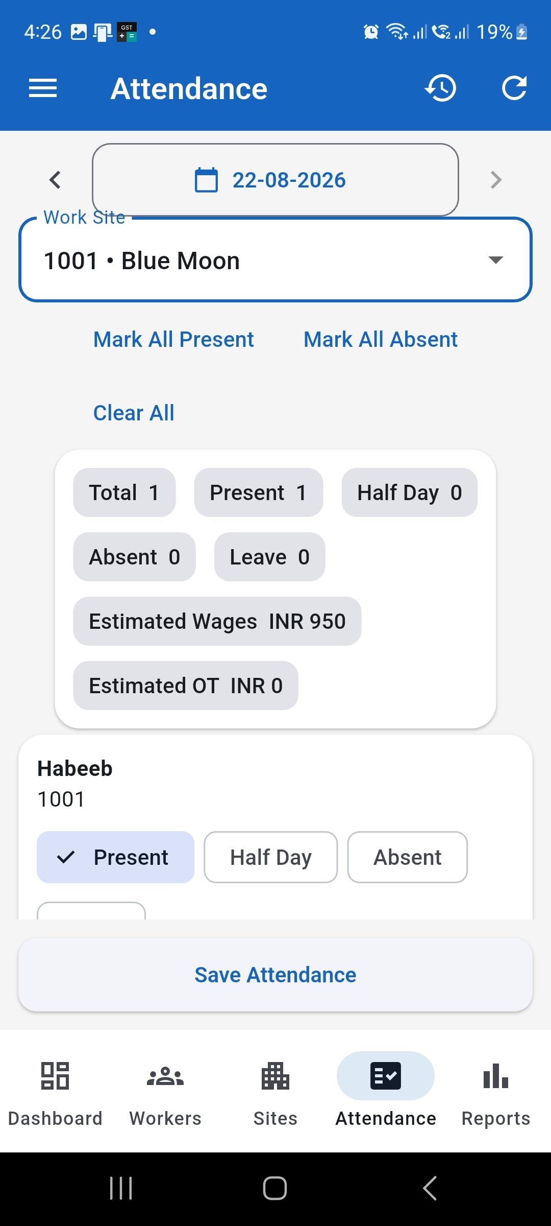WorkLedger Attendance screen showing Present, Half Day, Absent, and Leave controls for a worker.