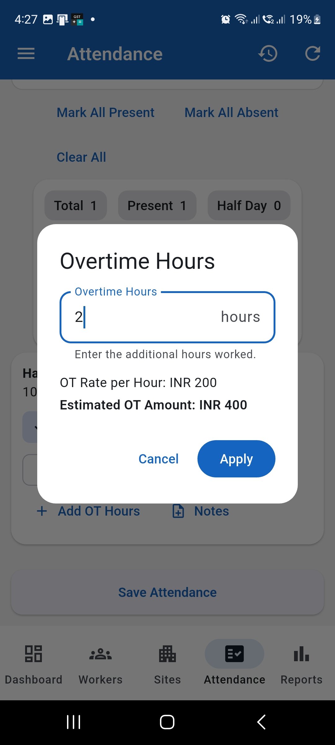 WorkLedger Overtime Hours dialog showing overtime hours, hourly rate, and estimated overtime amount.