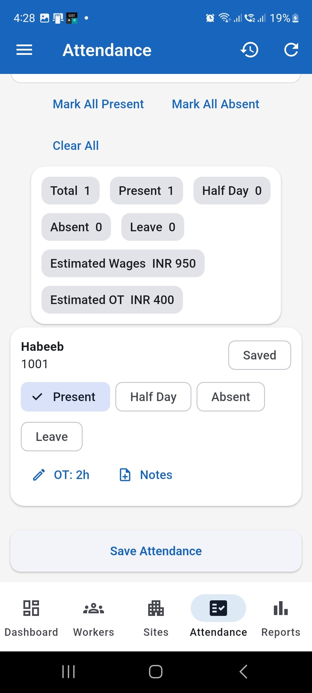 WorkLedger Attendance screen showing attendance totals, estimated wages, estimated overtime, and a worker with overtime recorded.