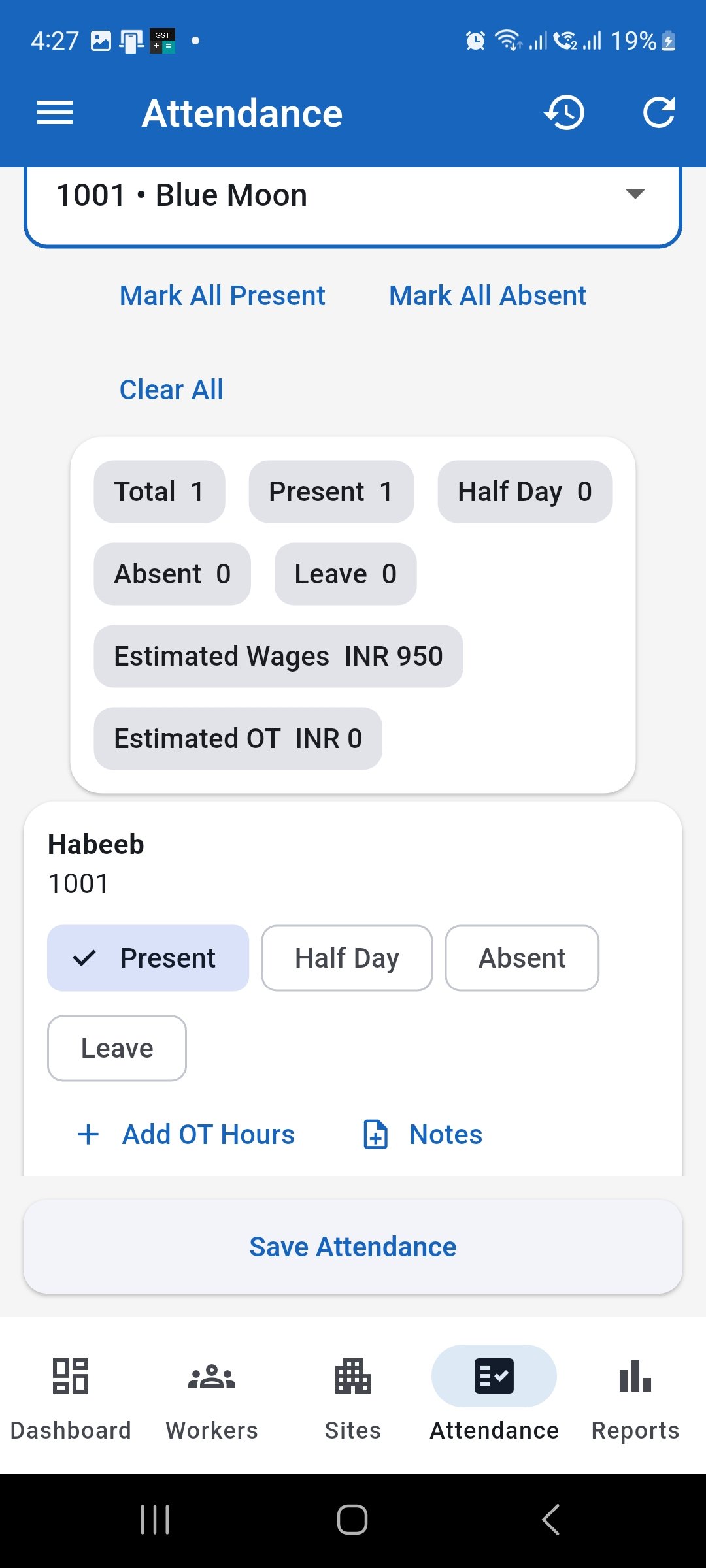 WorkLedger Attendance screen showing completed attendance entries and the Save Attendance button.