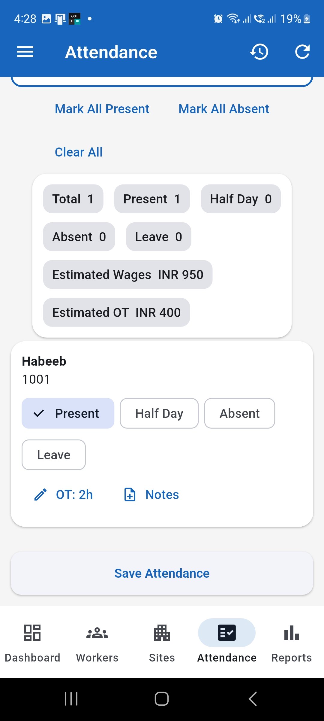 WorkLedger Attendance screen showing a worker attendance record marked as Saved.
