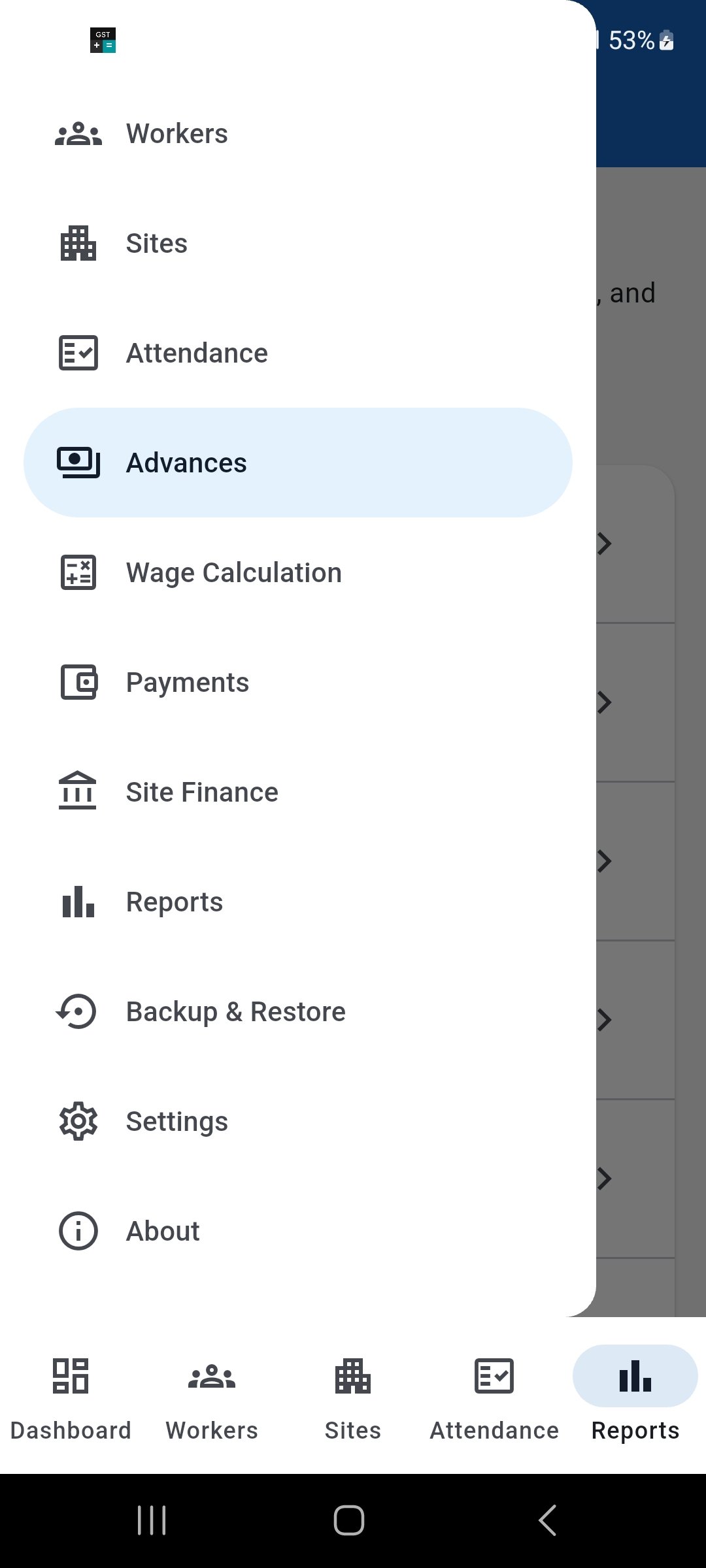 WorkLedger main menu showing the Backup and Restore option