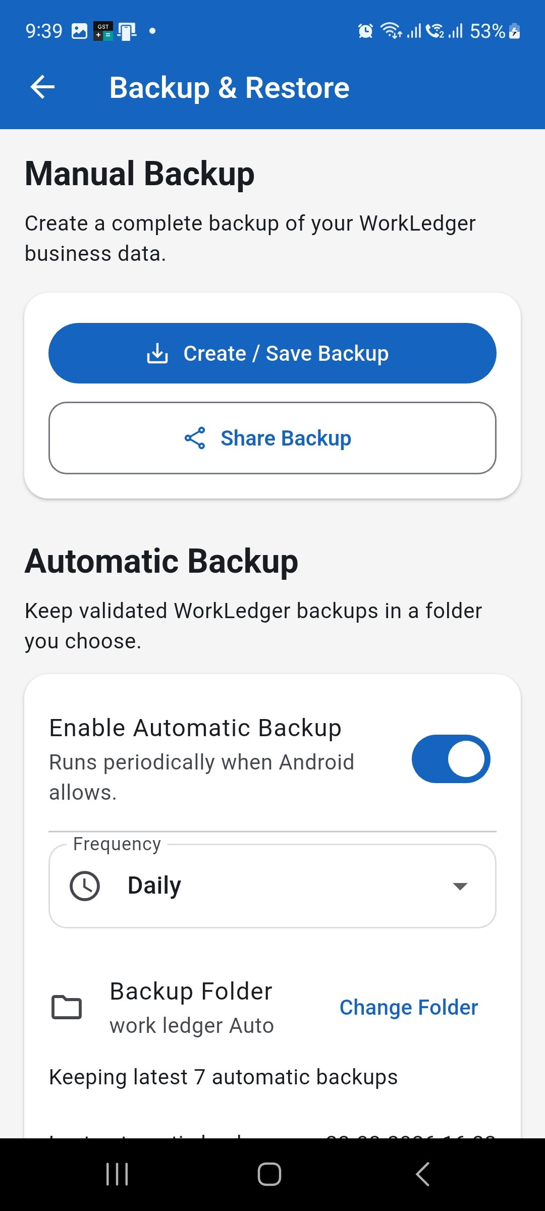 WorkLedger Automatic Backup section showing frequency and backup folder settings
