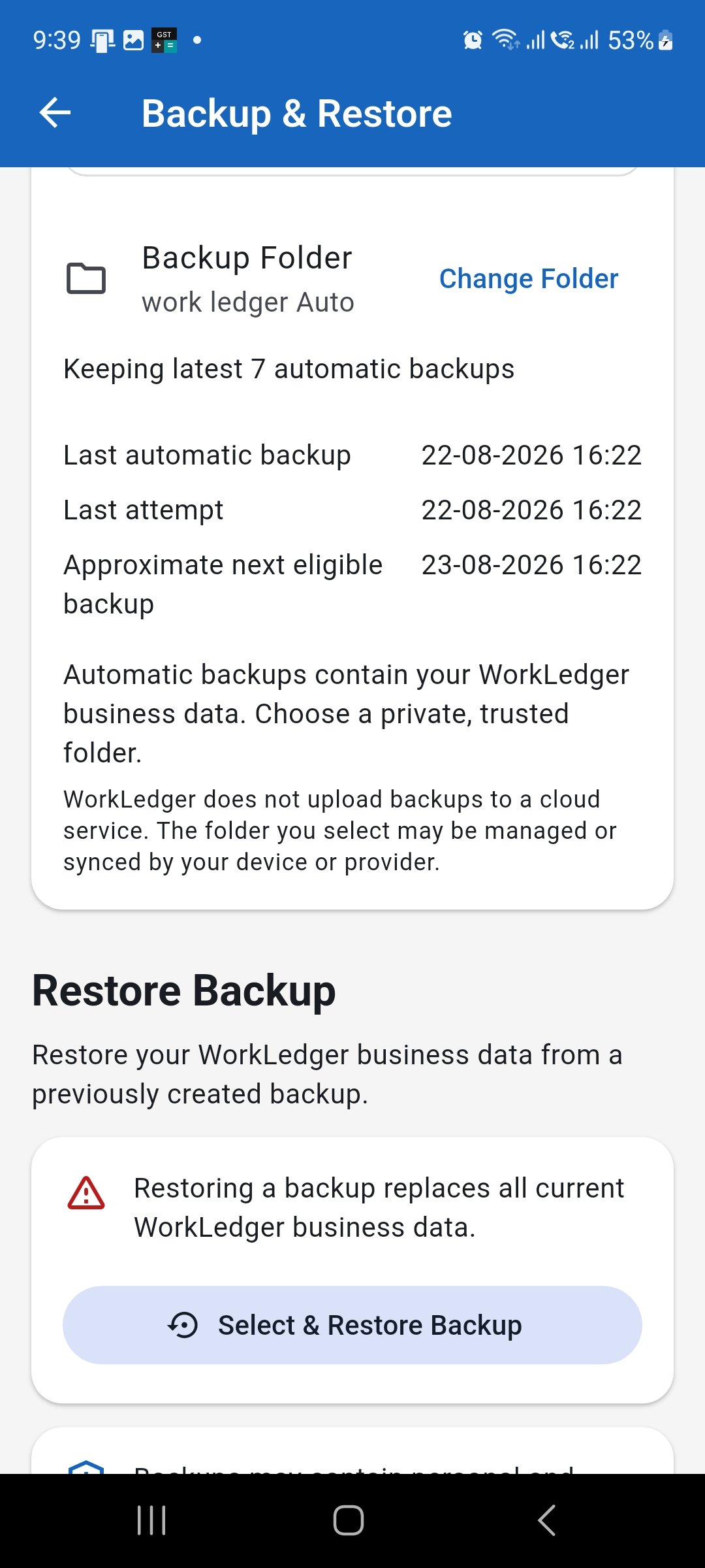 WorkLedger automatic backup information showing backup dates and next eligible backup