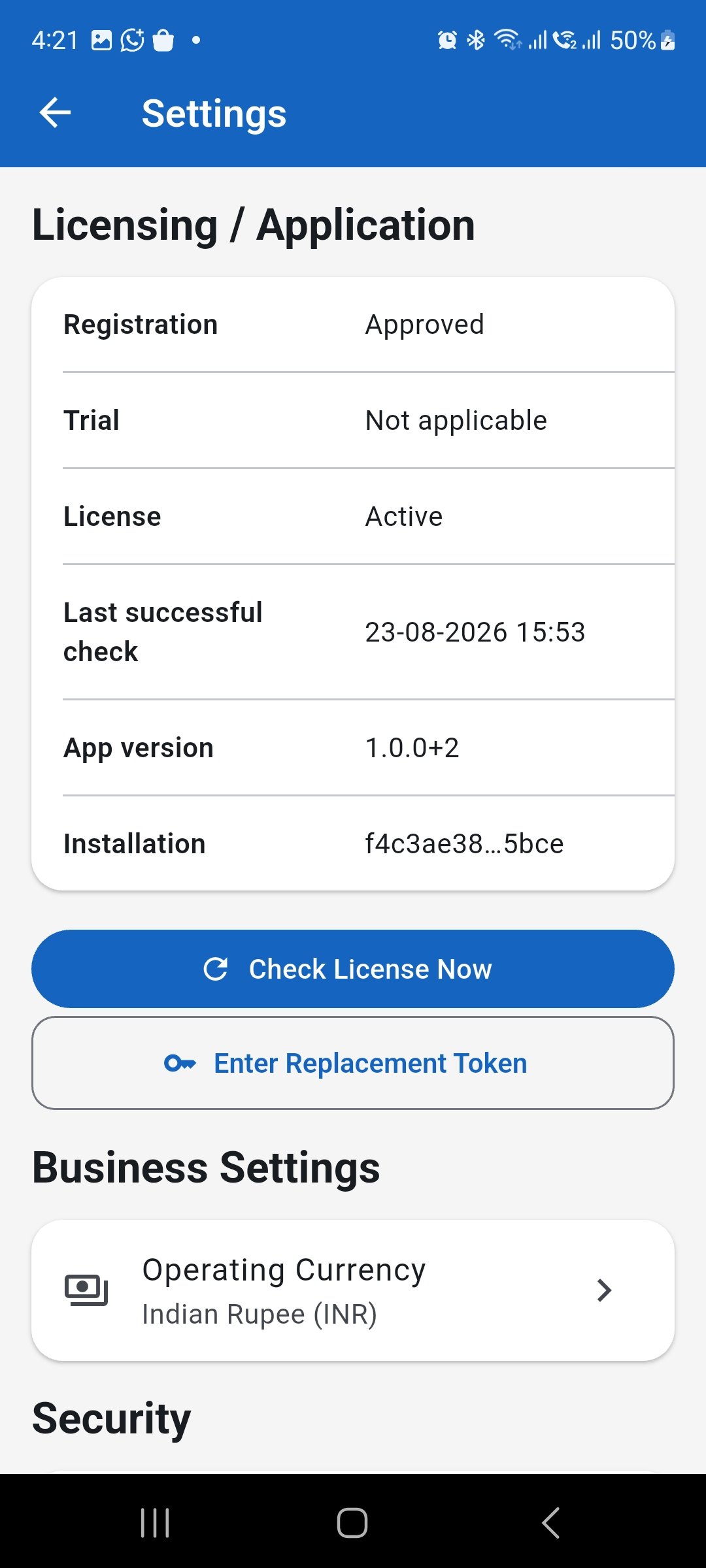 WorkLedger Settings showing registration, trial, license, app version, installation information, and Check License Now