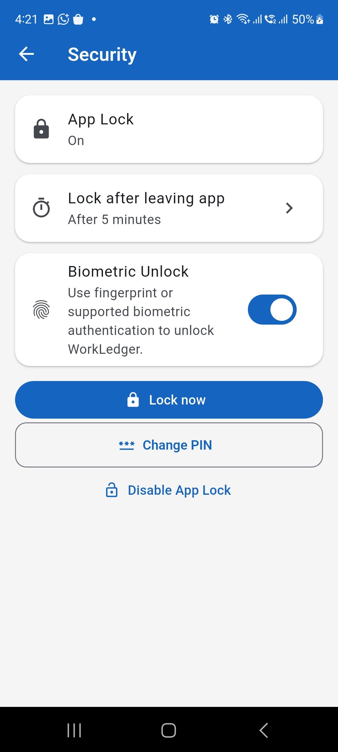 WorkLedger Security screen showing App Lock, lock delay, biometric unlock, Change PIN, and Disable App Lock