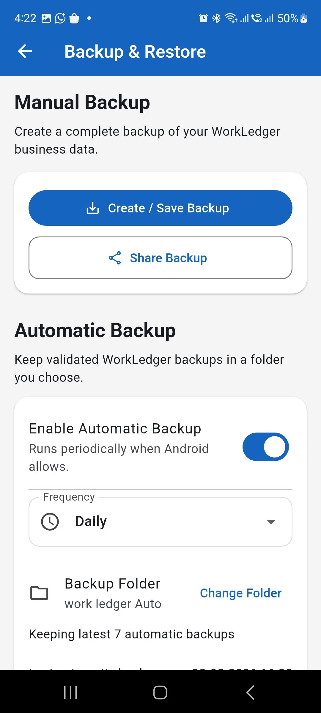 WorkLedger Backup and Restore screen showing manual backup and automatic backup options