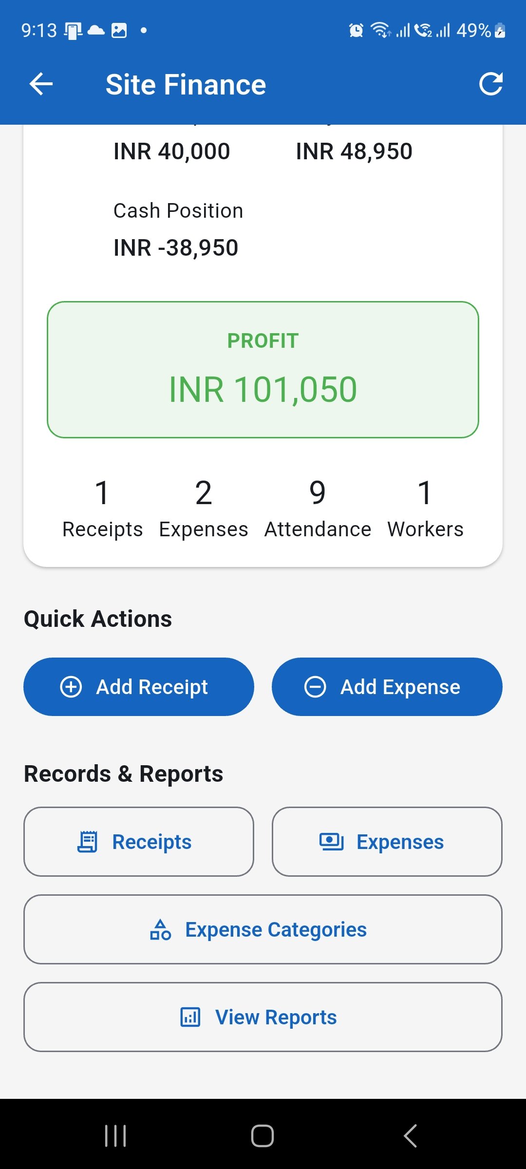 WorkLedger Site Finance screen showing the Expense Categories option