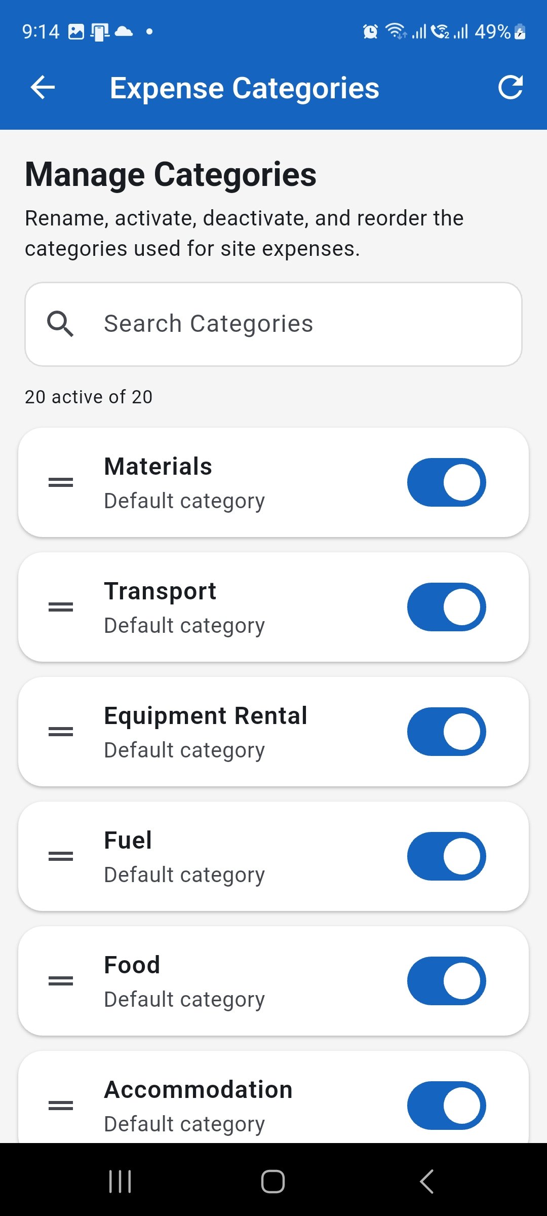 WorkLedger Expense Categories screen showing the list of active expense categories