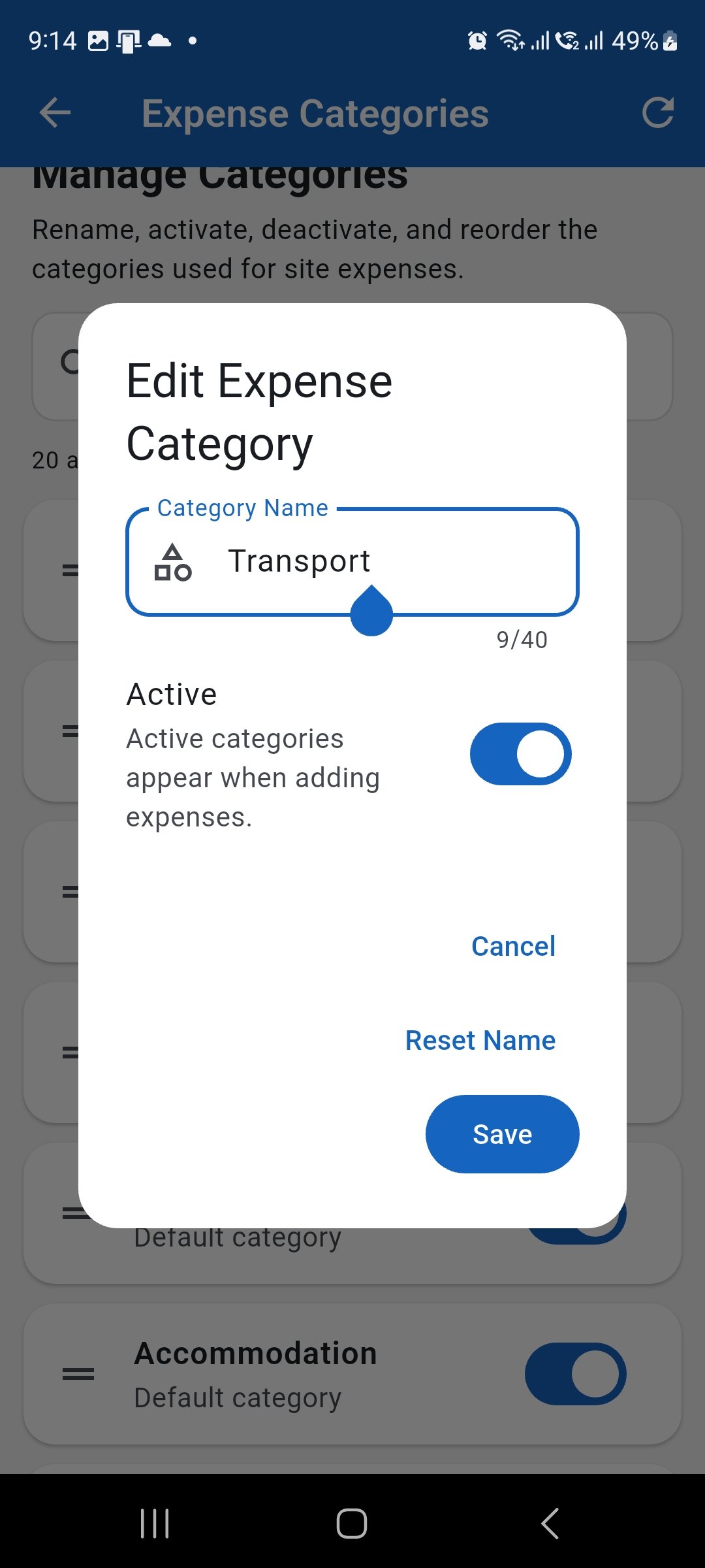 WorkLedger Edit Expense Category dialog showing the category name field and active setting
