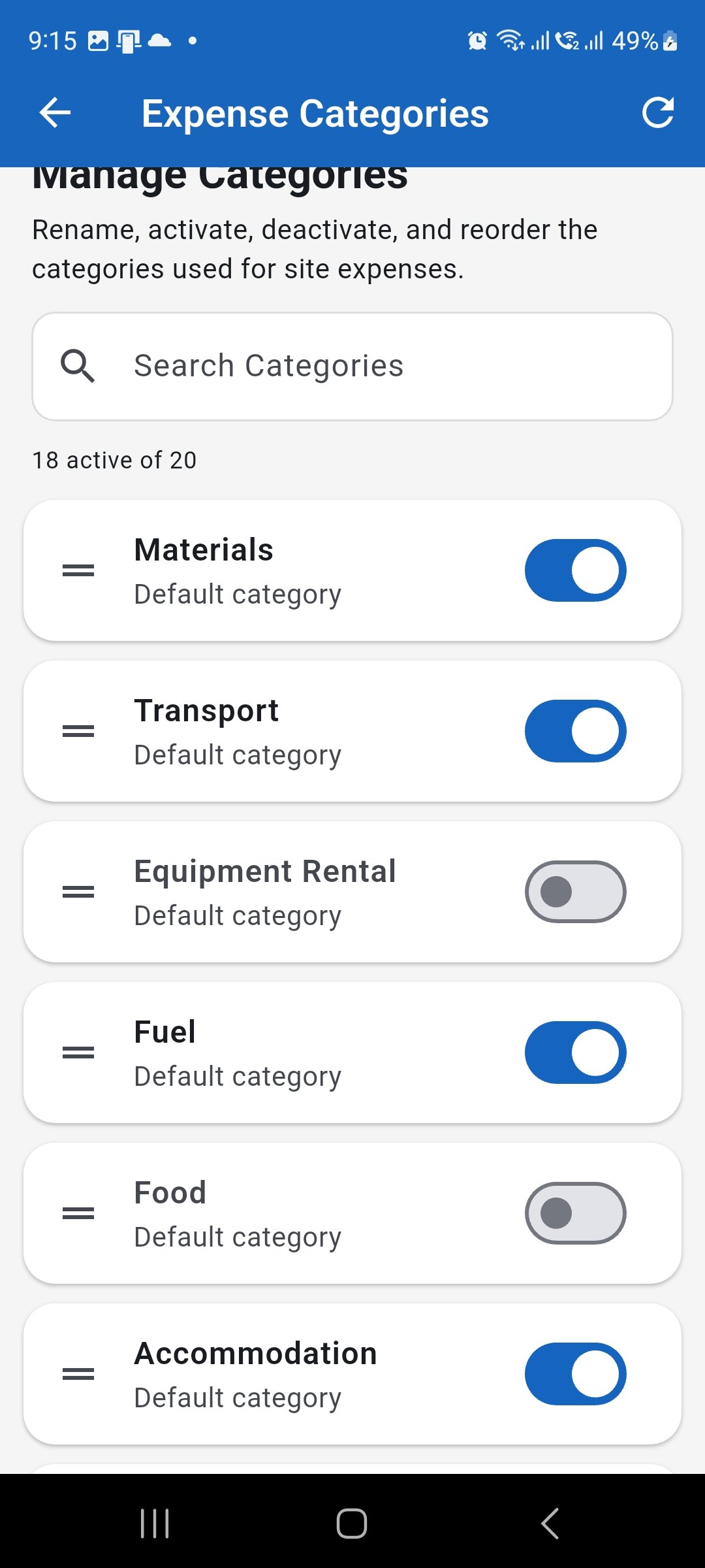 WorkLedger Expense Categories screen showing active and inactive category switches