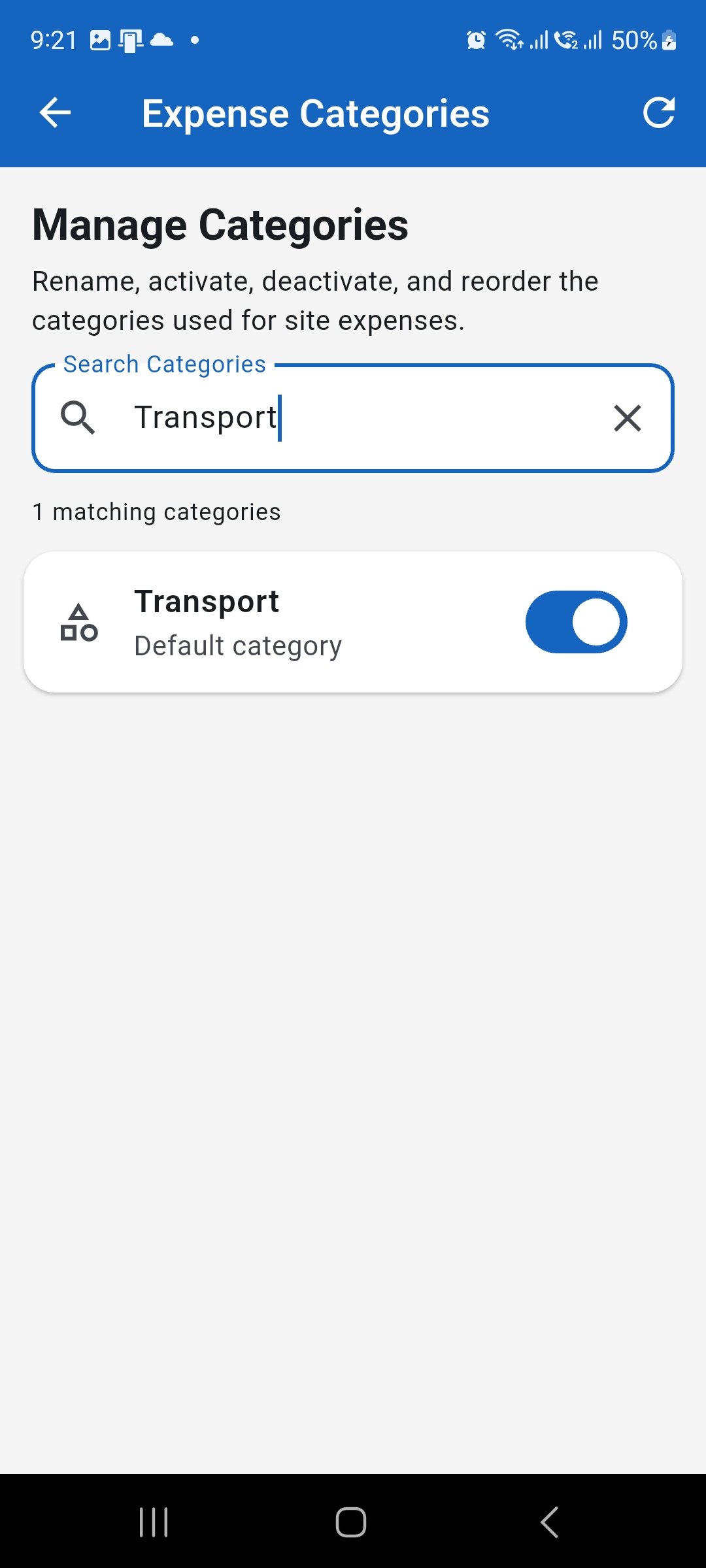 WorkLedger Expense Categories screen used to manage and organise site expense categories