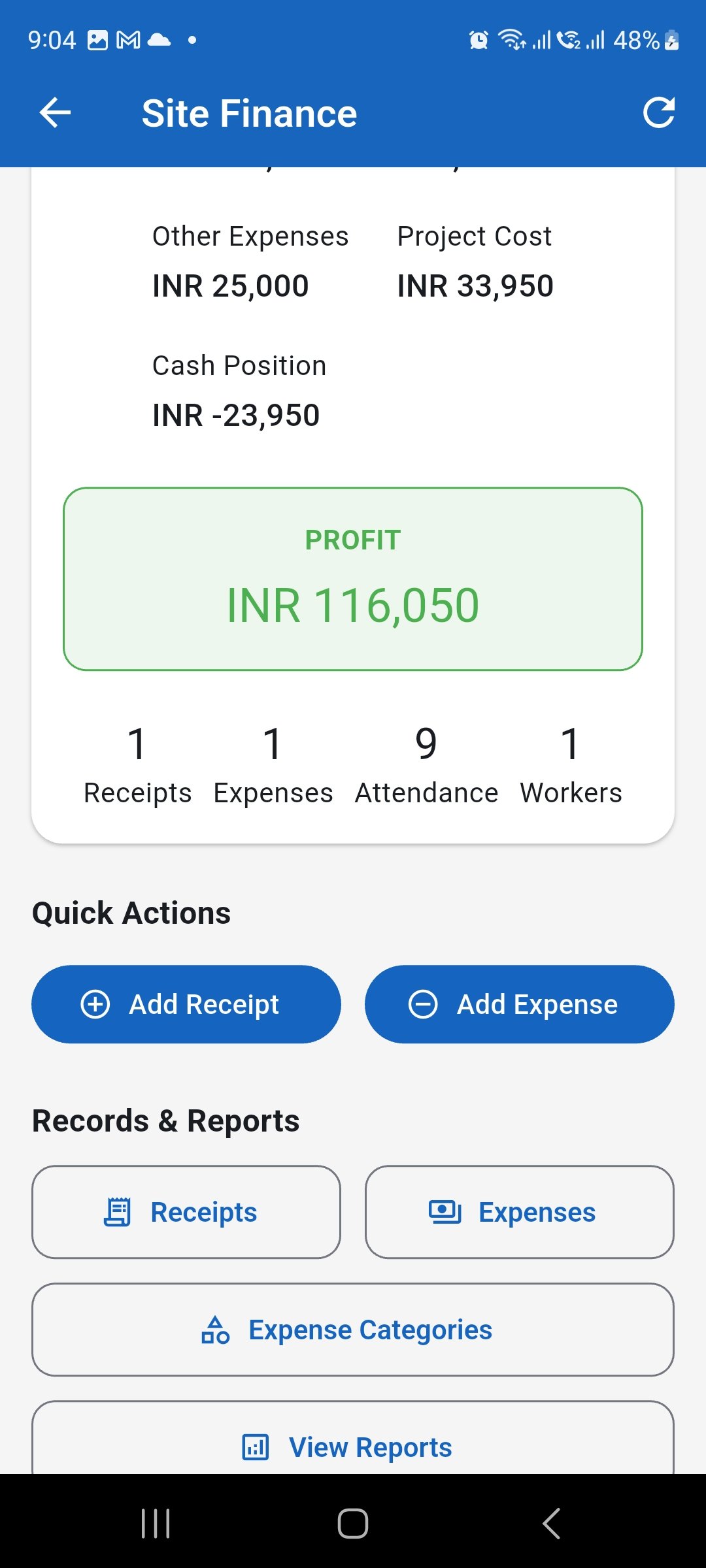 WorkLedger Site Finance screen showing the Expenses option under Records and Reports