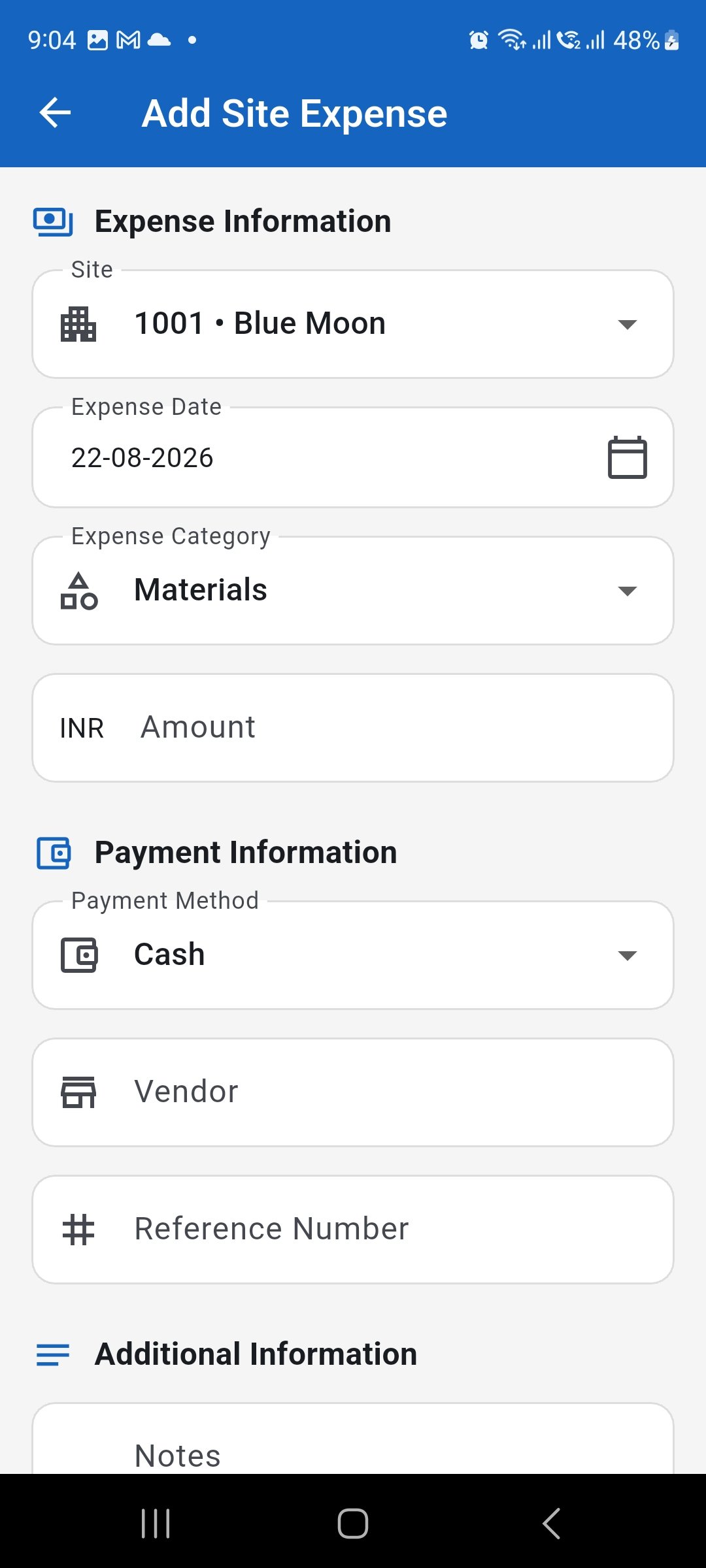 WorkLedger Add Site Expense screen showing site, date, category, amount, and payment fields