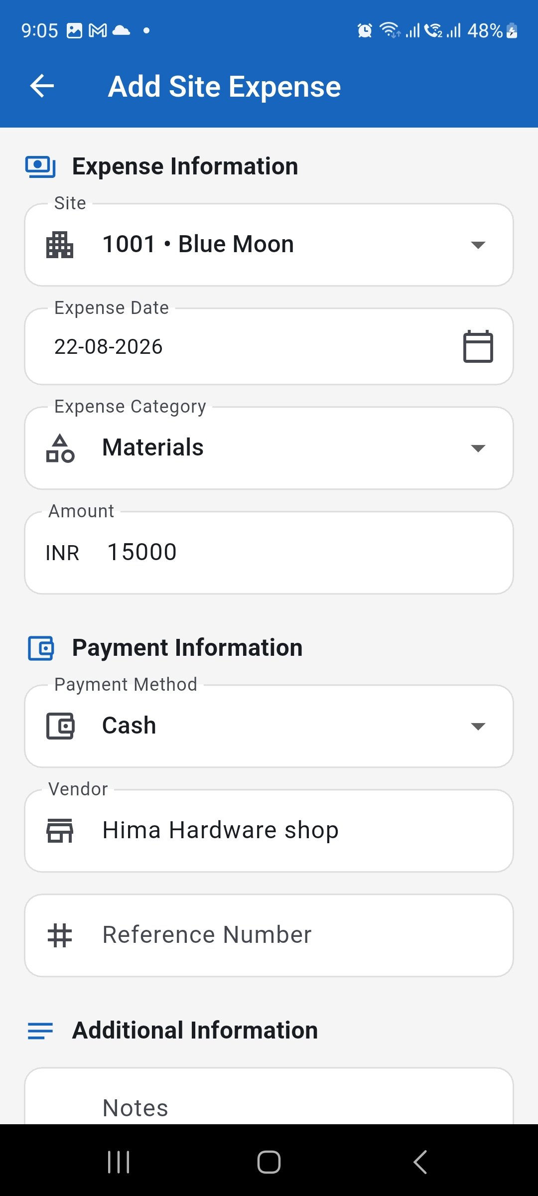 WorkLedger Add Site Expense screen showing an amount, payment method, and vendor