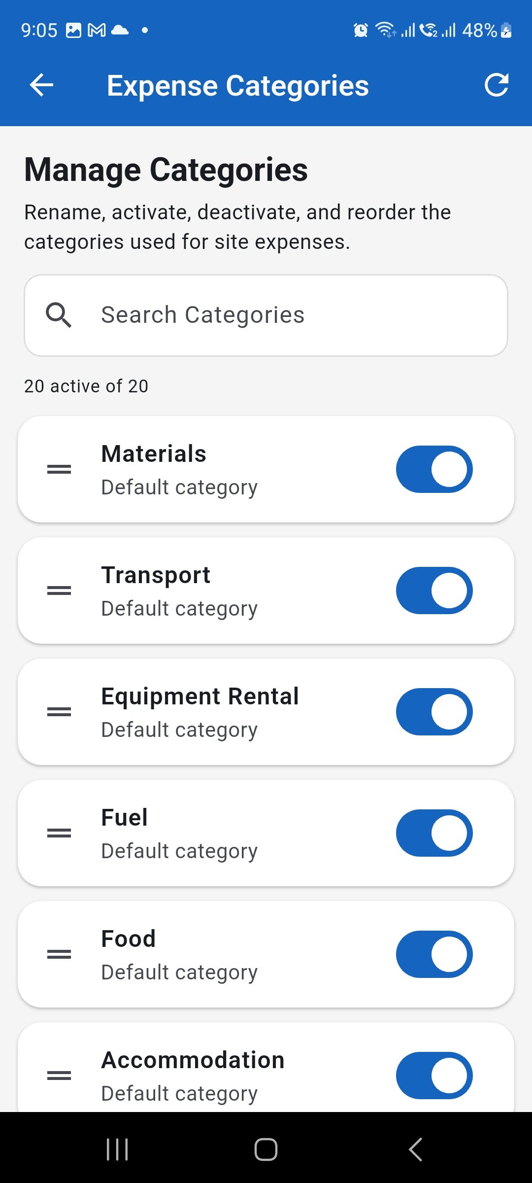 WorkLedger Expense Categories screen showing active expense categories