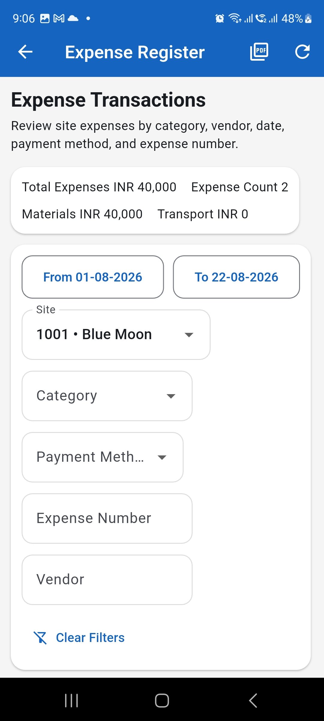 WorkLedger Expense Register screen showing filters for site expenses