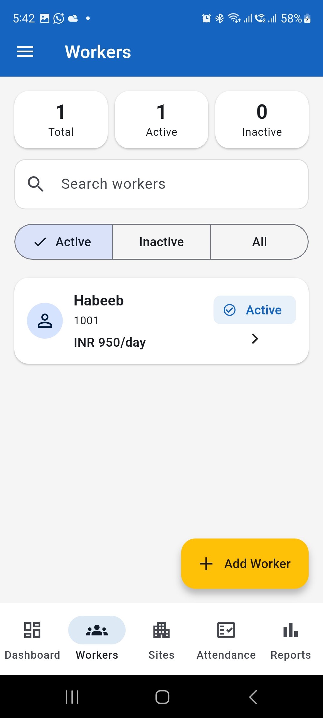 WorkLedger Add Worker screen showing worker and wage information