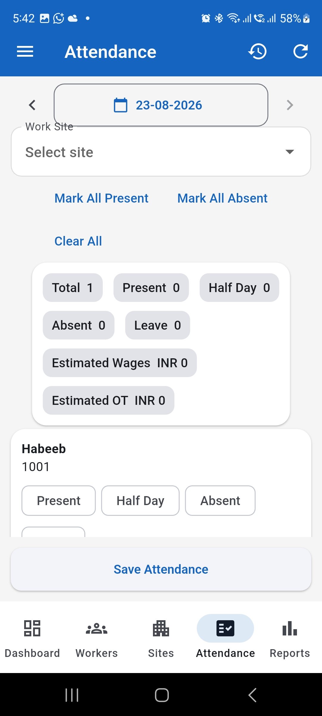 WorkLedger Attendance screen for recording worker attendance against a site
