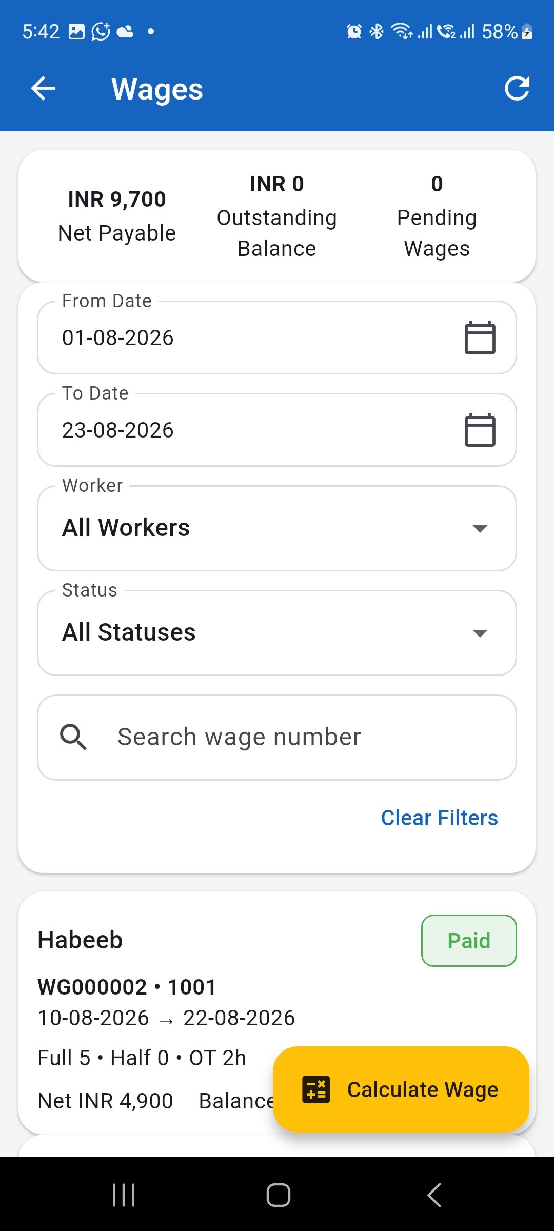 WorkLedger Wage Calculation screen showing wage details and deductions for review