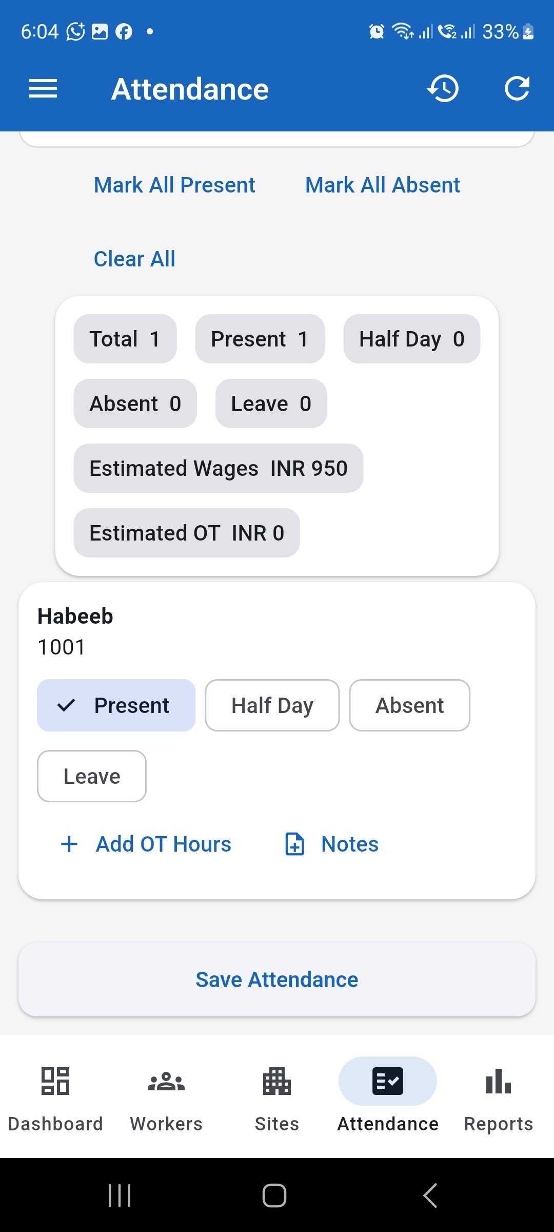 WorkLedger Attendance screen showing the Add OT Hours option for a worker.