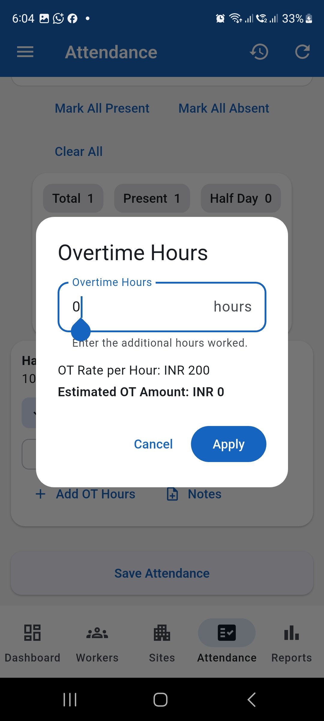 WorkLedger Overtime Hours dialog for entering additional hours worked.
