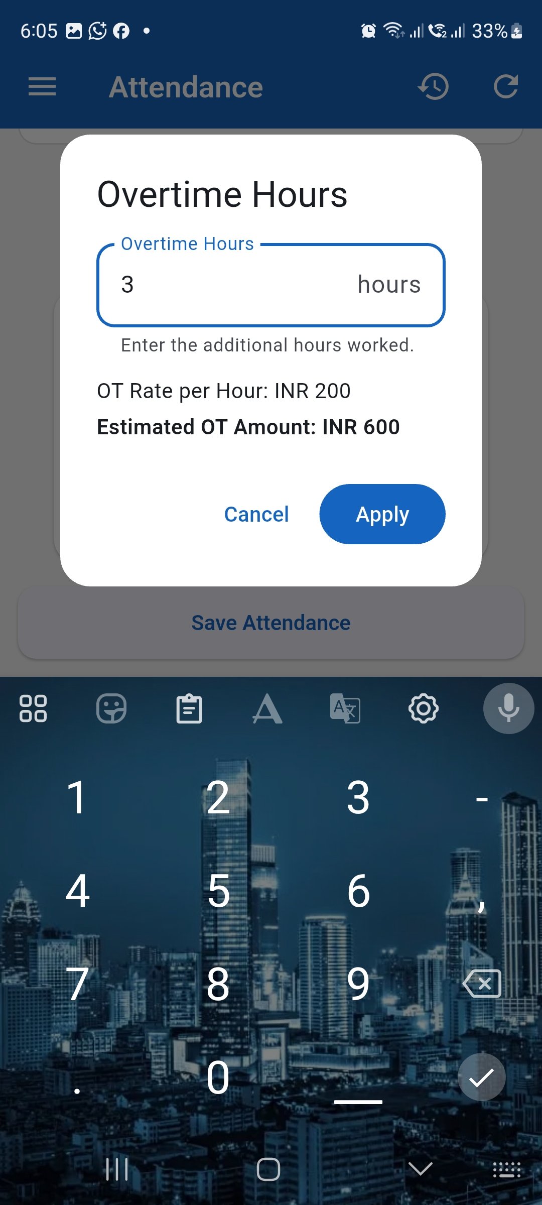 WorkLedger Overtime Hours dialog showing entered hours, OT rate, estimated OT amount, and Apply button.