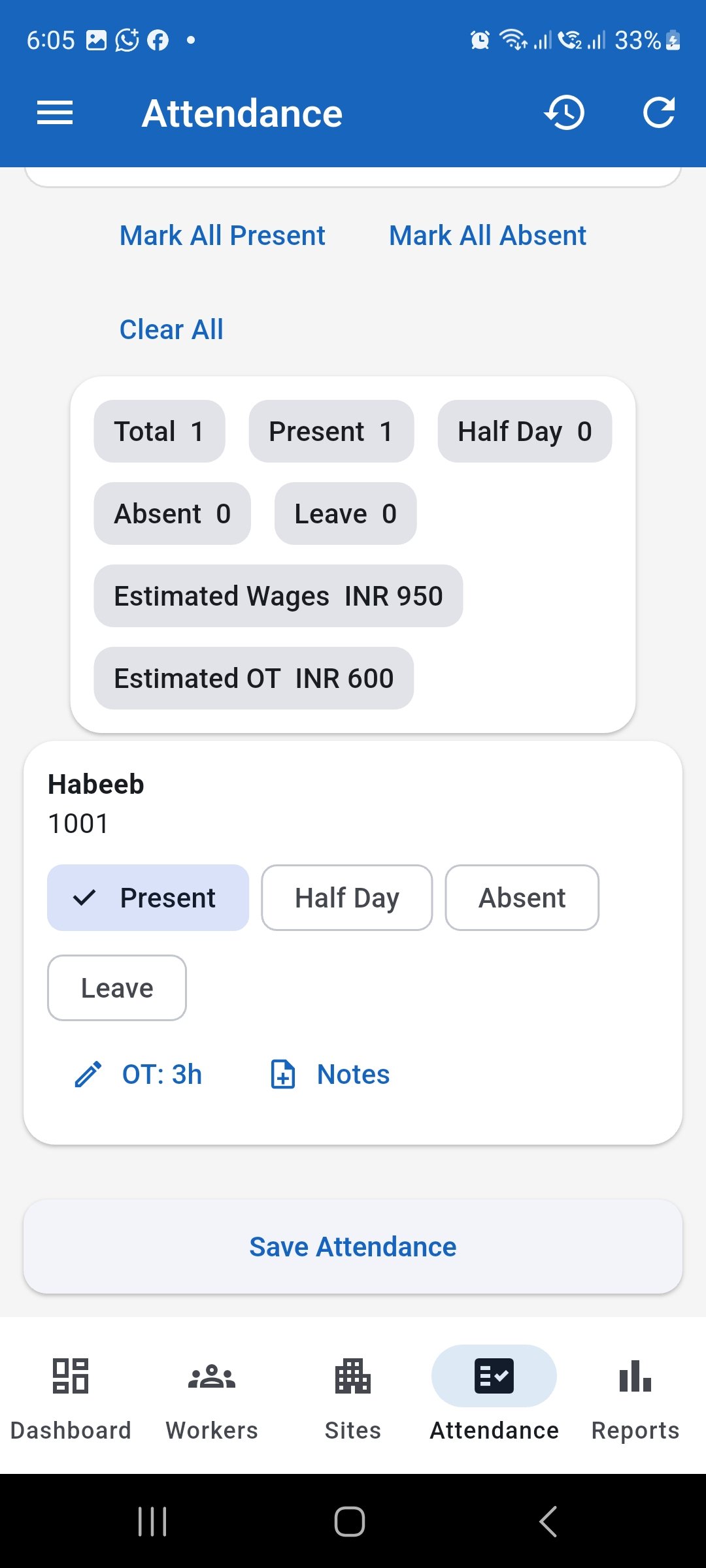 WorkLedger Attendance screen showing recorded overtime hours and the updated Estimated OT amount.