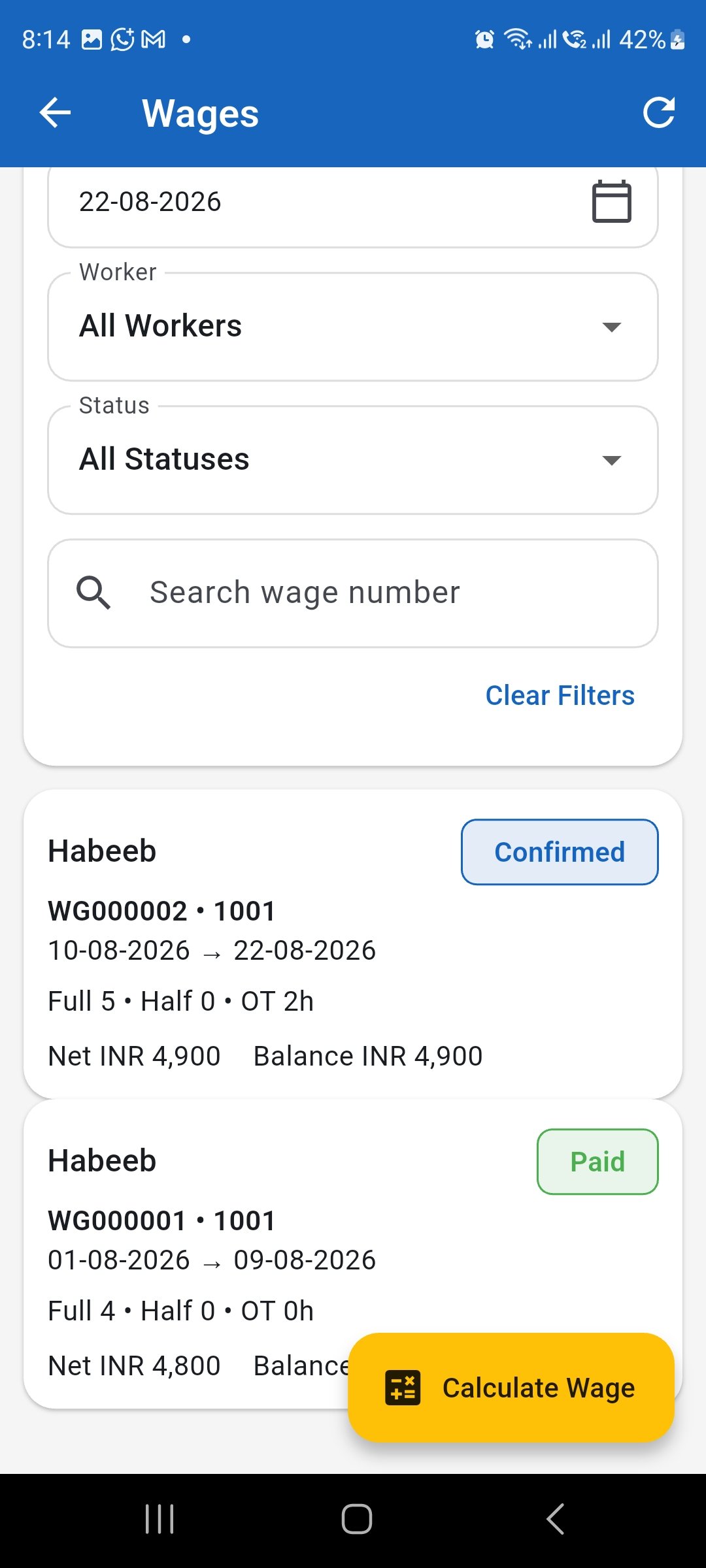 Wages list showing a confirmed wage with an outstanding balance