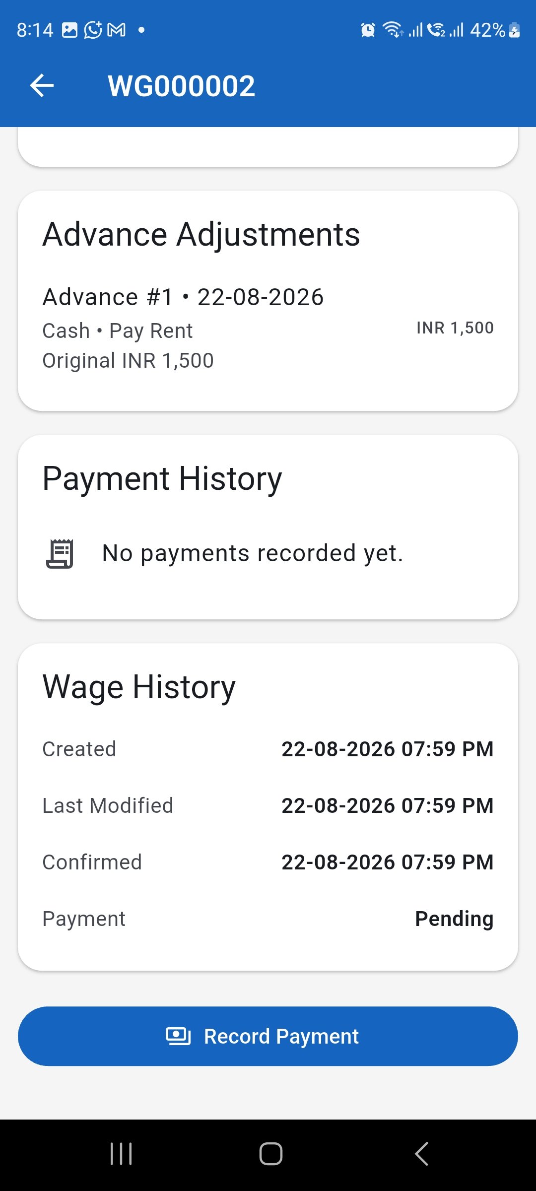 Confirmed wage details showing the Record Payment button