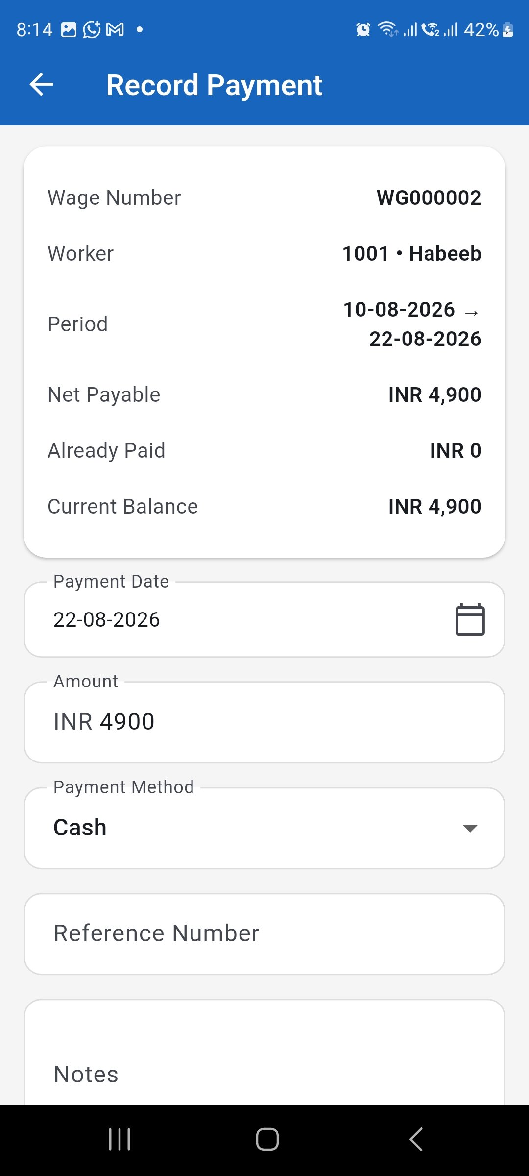 WorkLedger Record Payment screen
