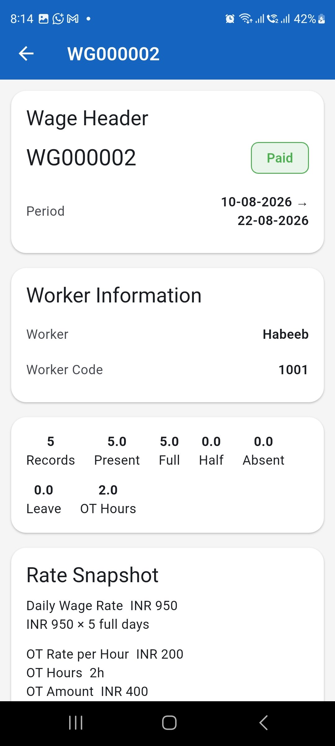 Wage details showing Paid payment status