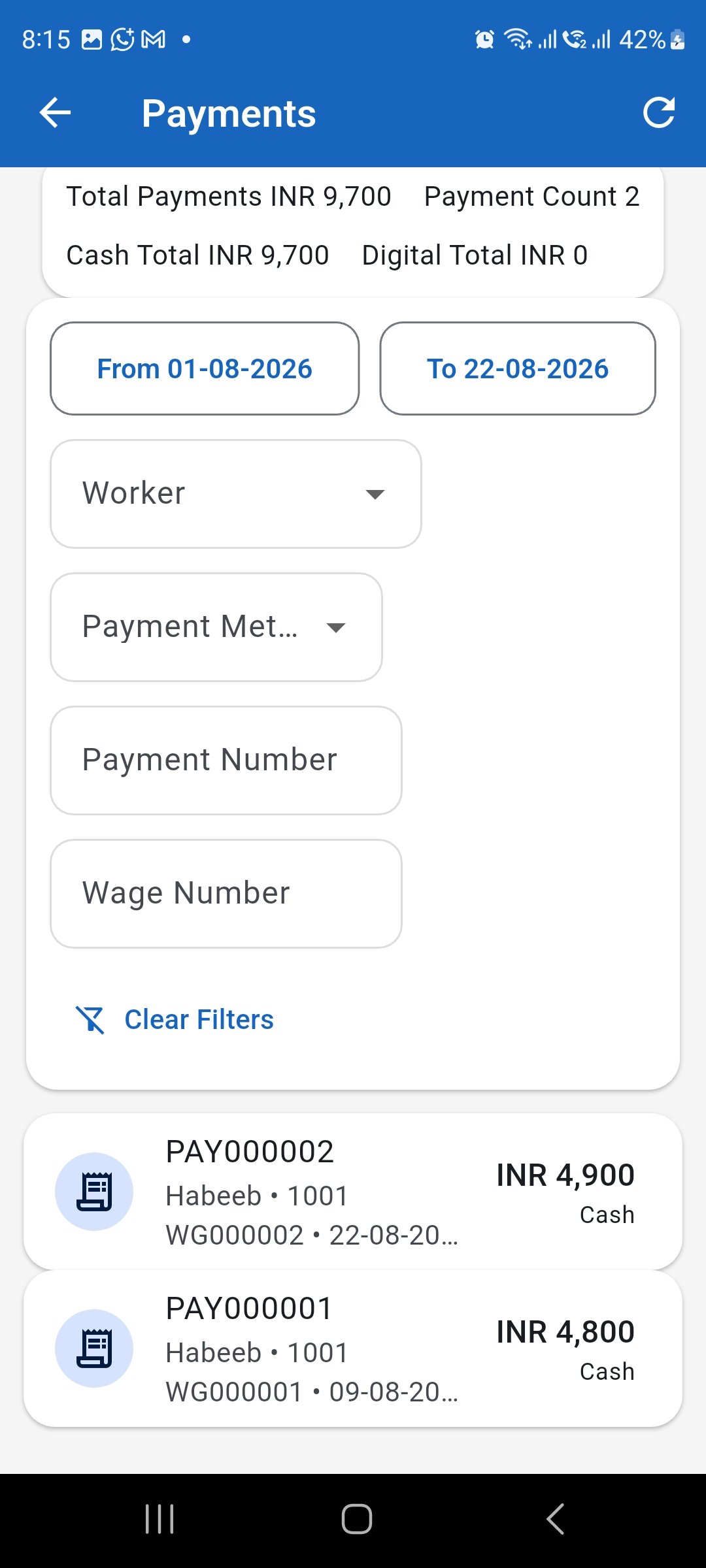 WorkLedger Payments screen showing recorded wage payments