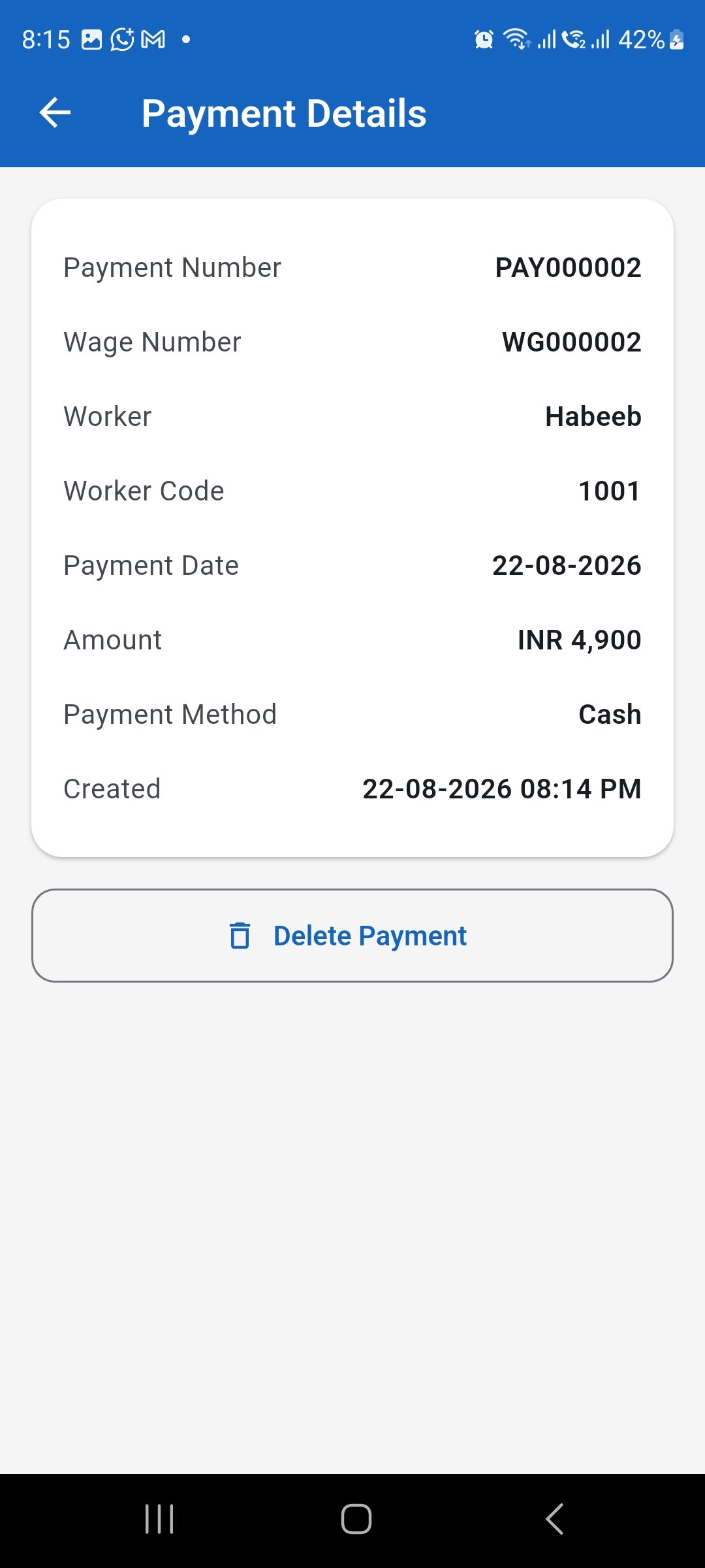 WorkLedger Payment Details screen showing a recorded wage payment