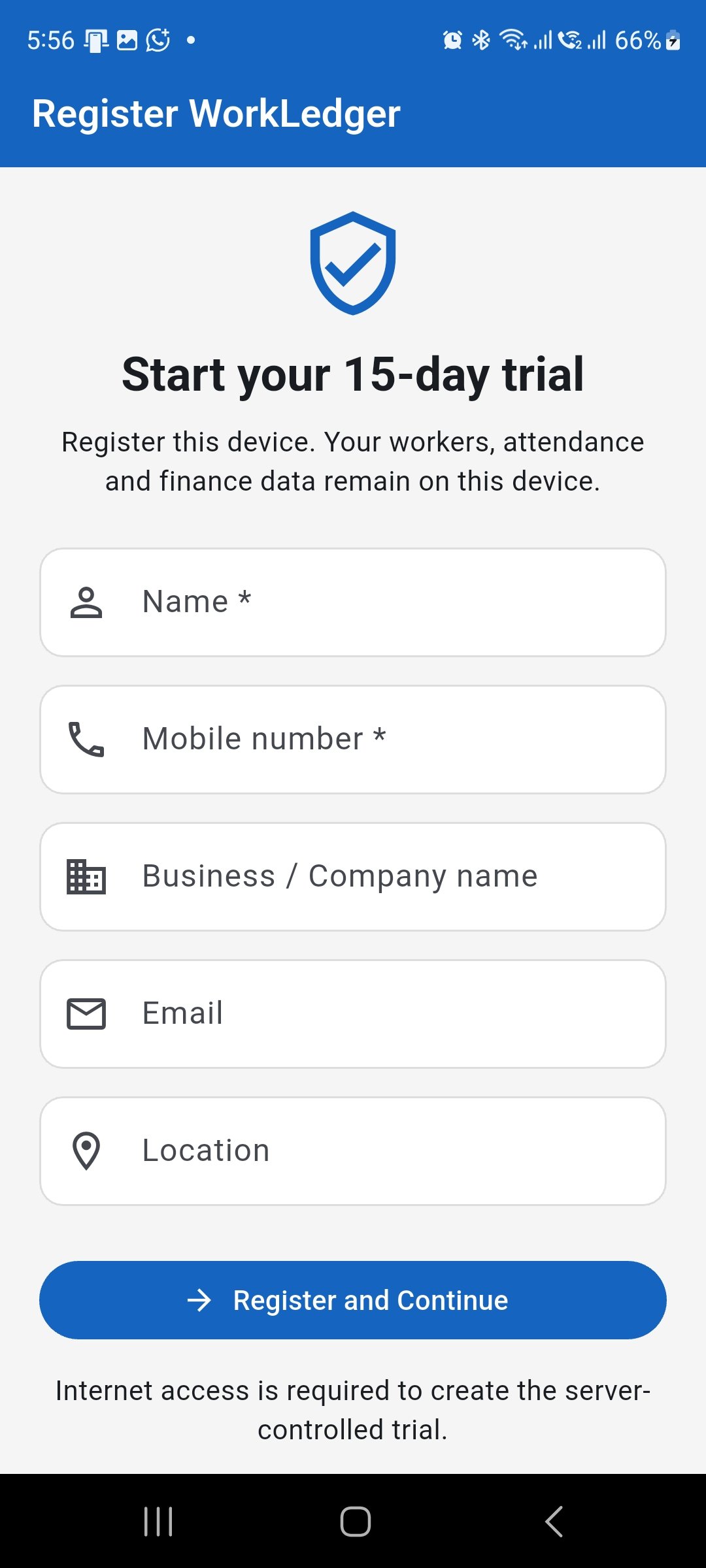 WorkLedger registration screen for starting the 15-day trial