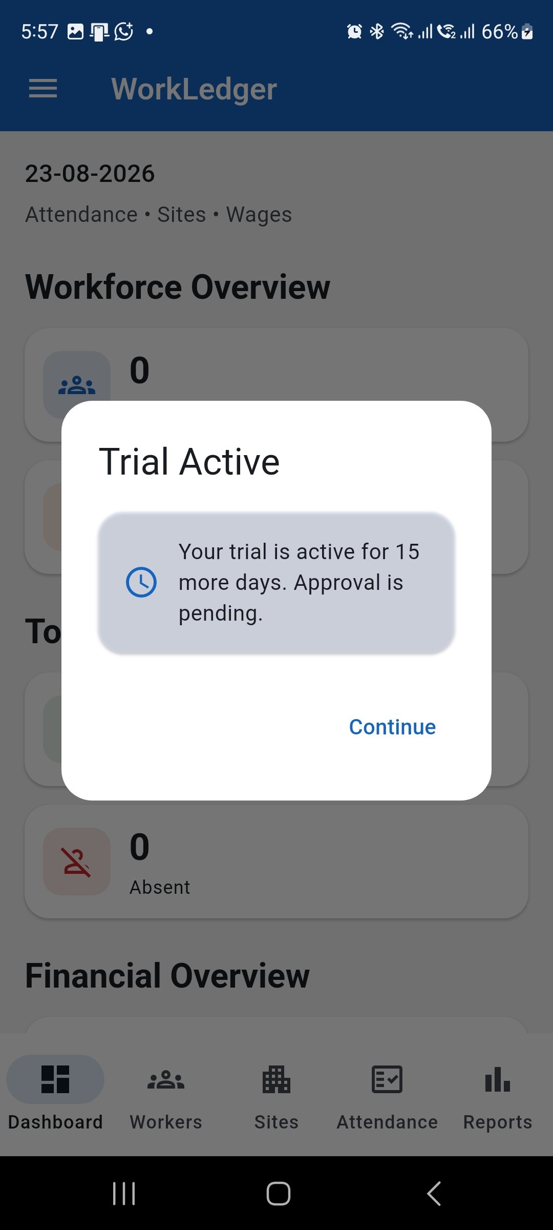 WorkLedger Trial Active message showing 15 days remaining