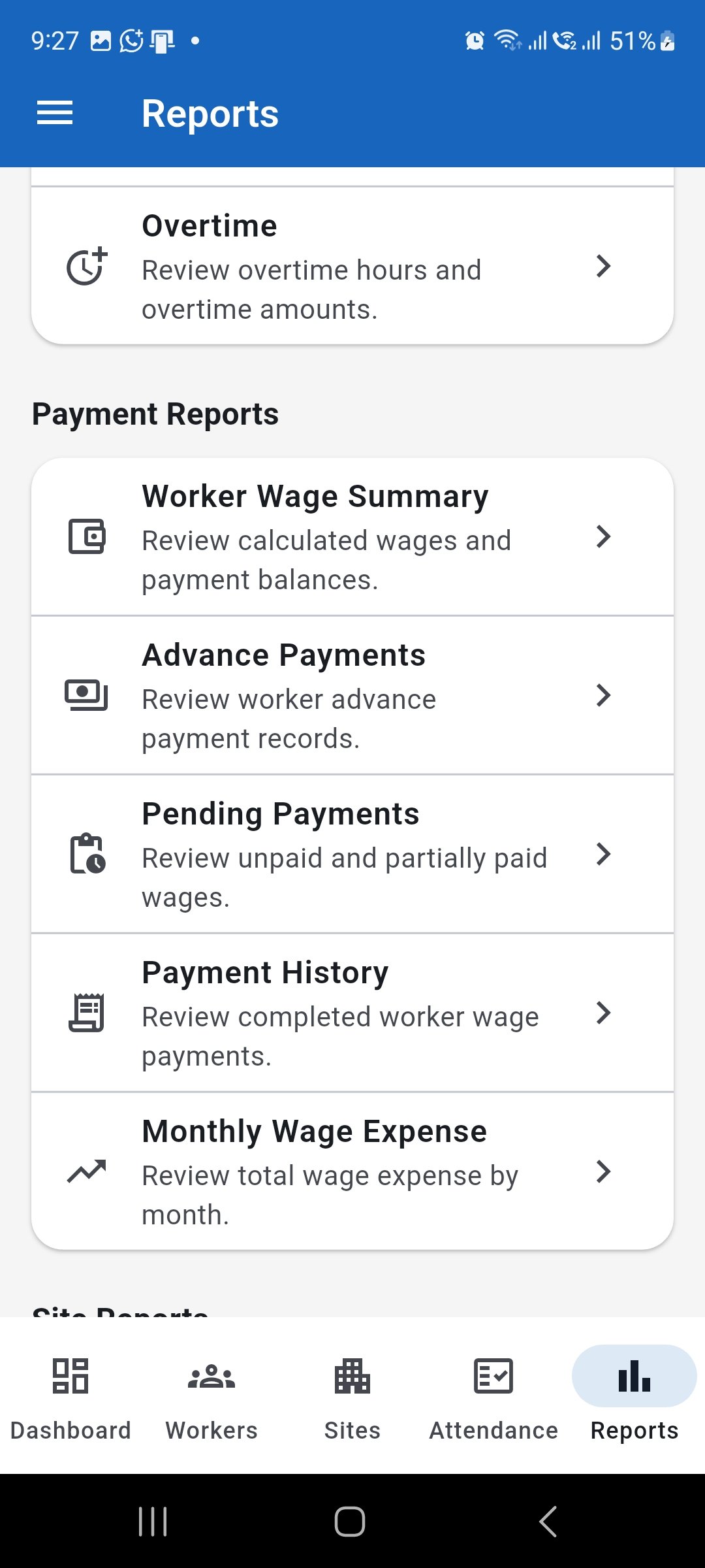 WorkLedger Reports screen showing the Payment Reports section