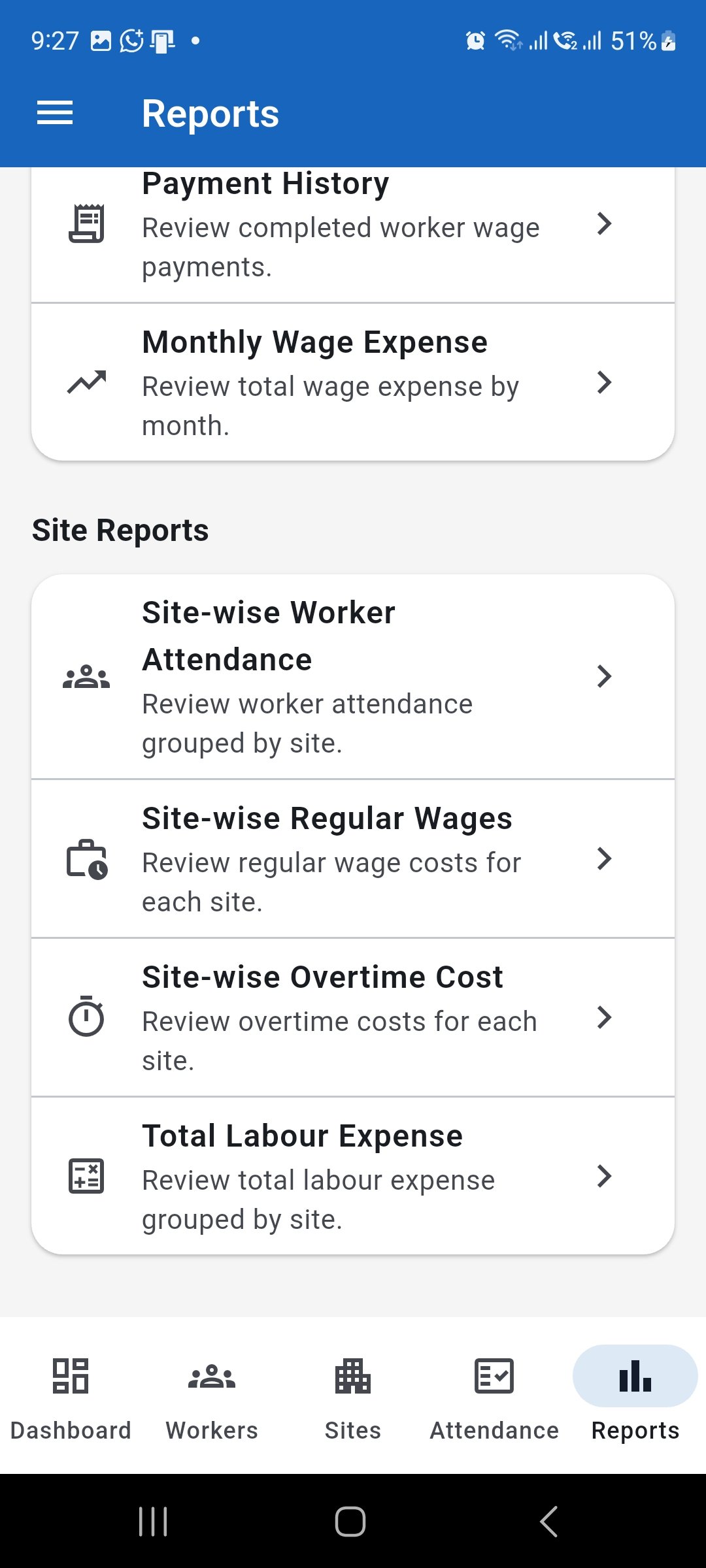 WorkLedger Reports screen showing Site Reports