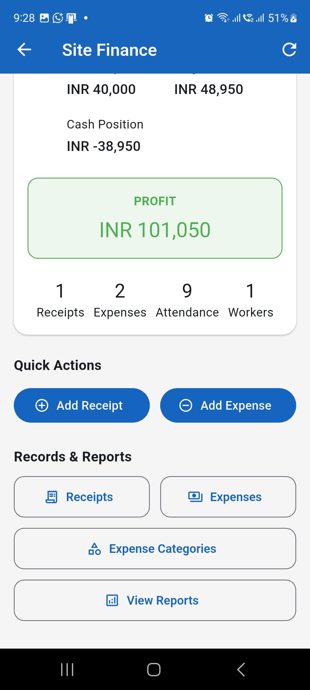 WorkLedger Site Finance screen showing the View Reports option