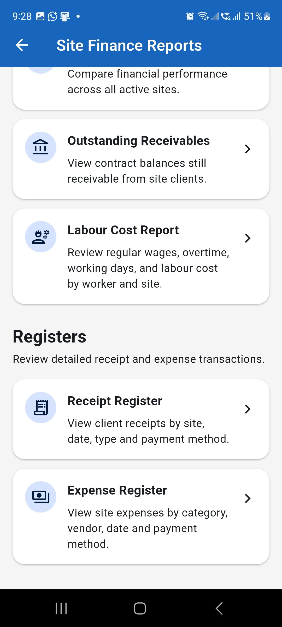 WorkLedger Site Finance Reports screen showing Receipt Register and Expense Register