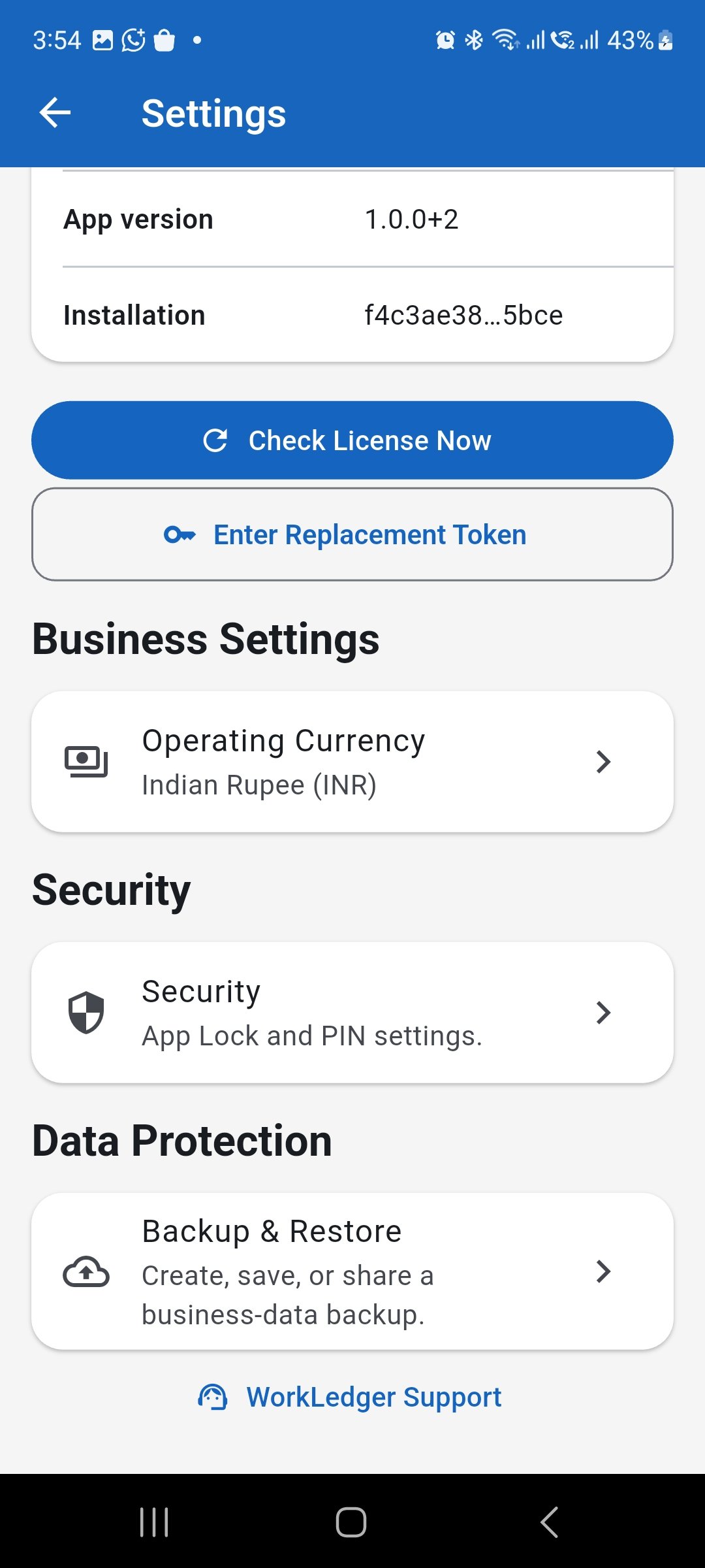 WorkLedger Settings screen showing the Security option