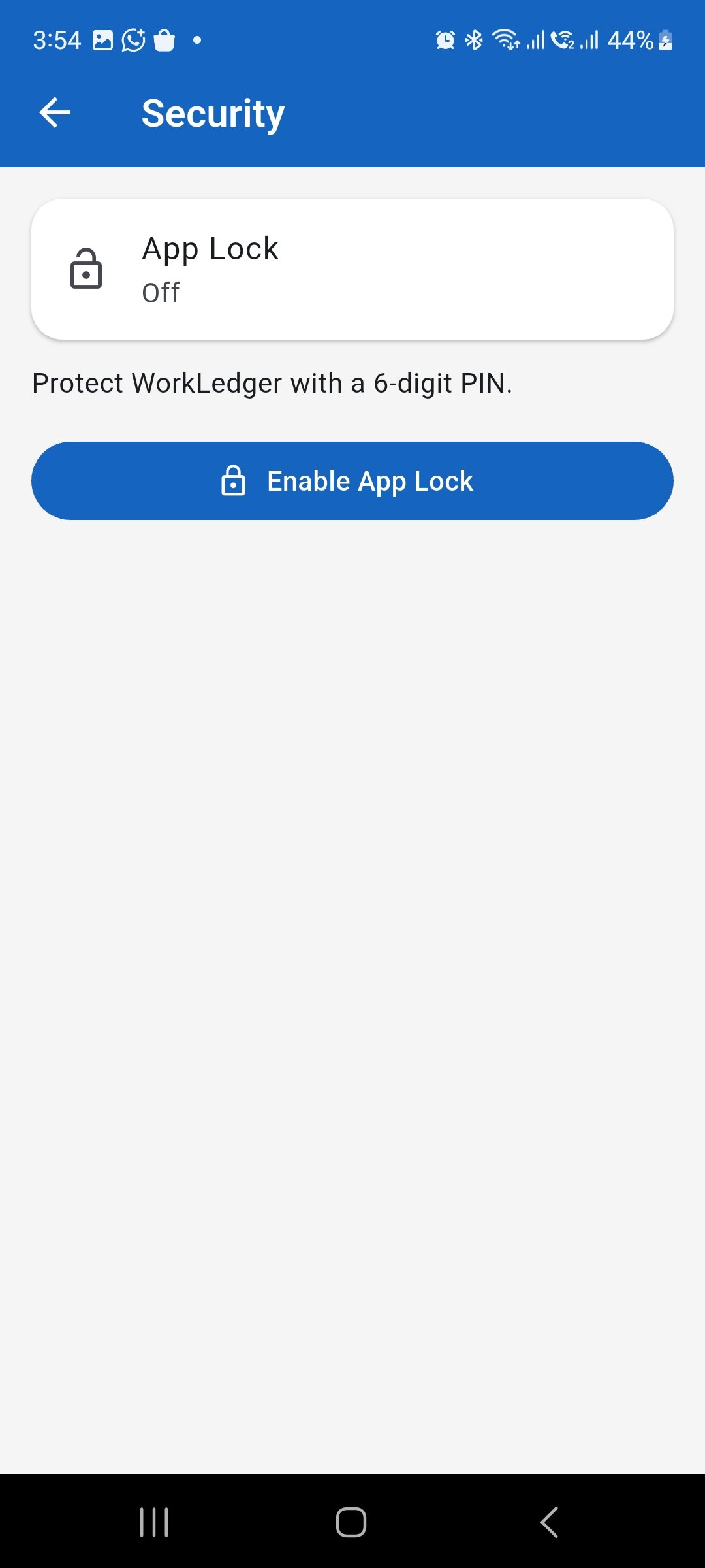 WorkLedger Security screen showing App Lock turned off and the Enable App Lock button