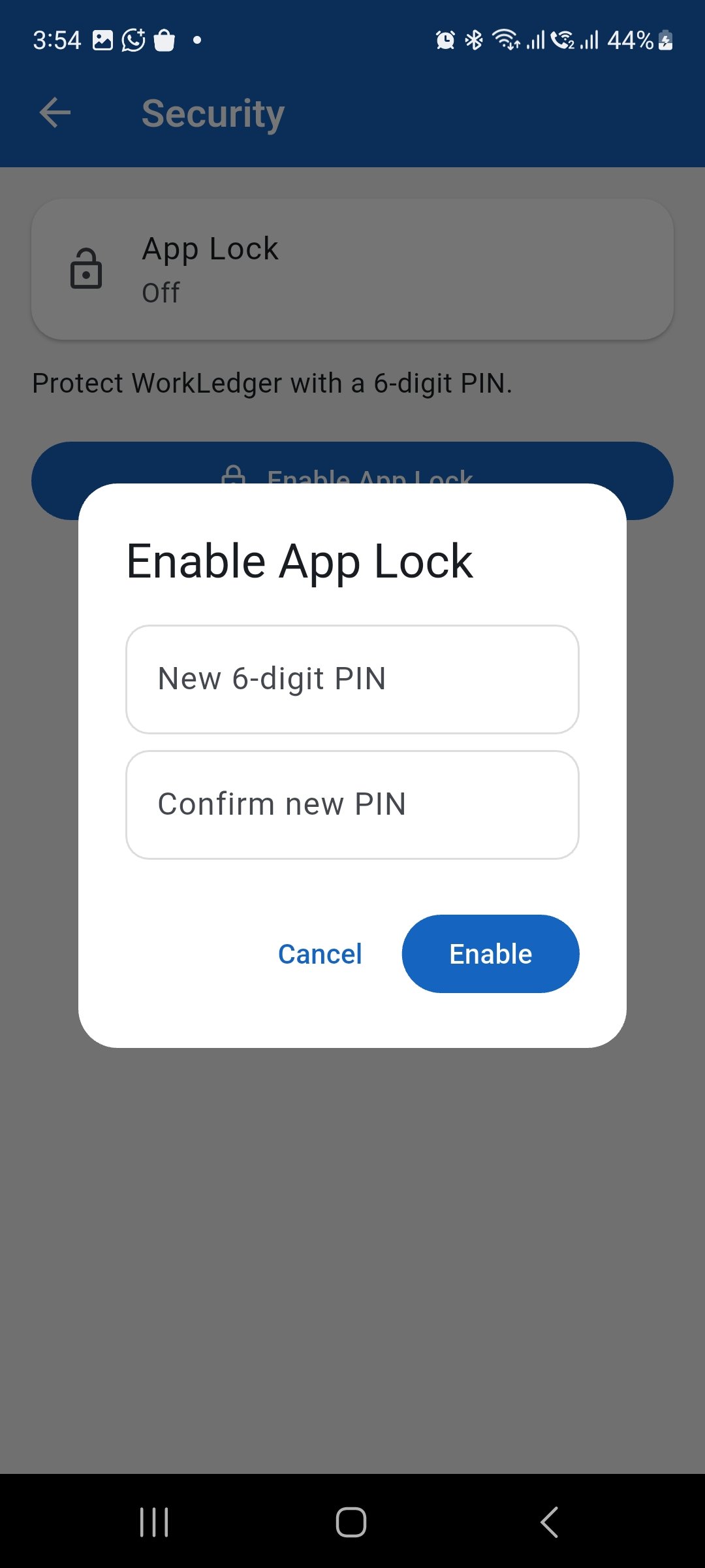 WorkLedger Enable App Lock dialog with new PIN and confirmation fields