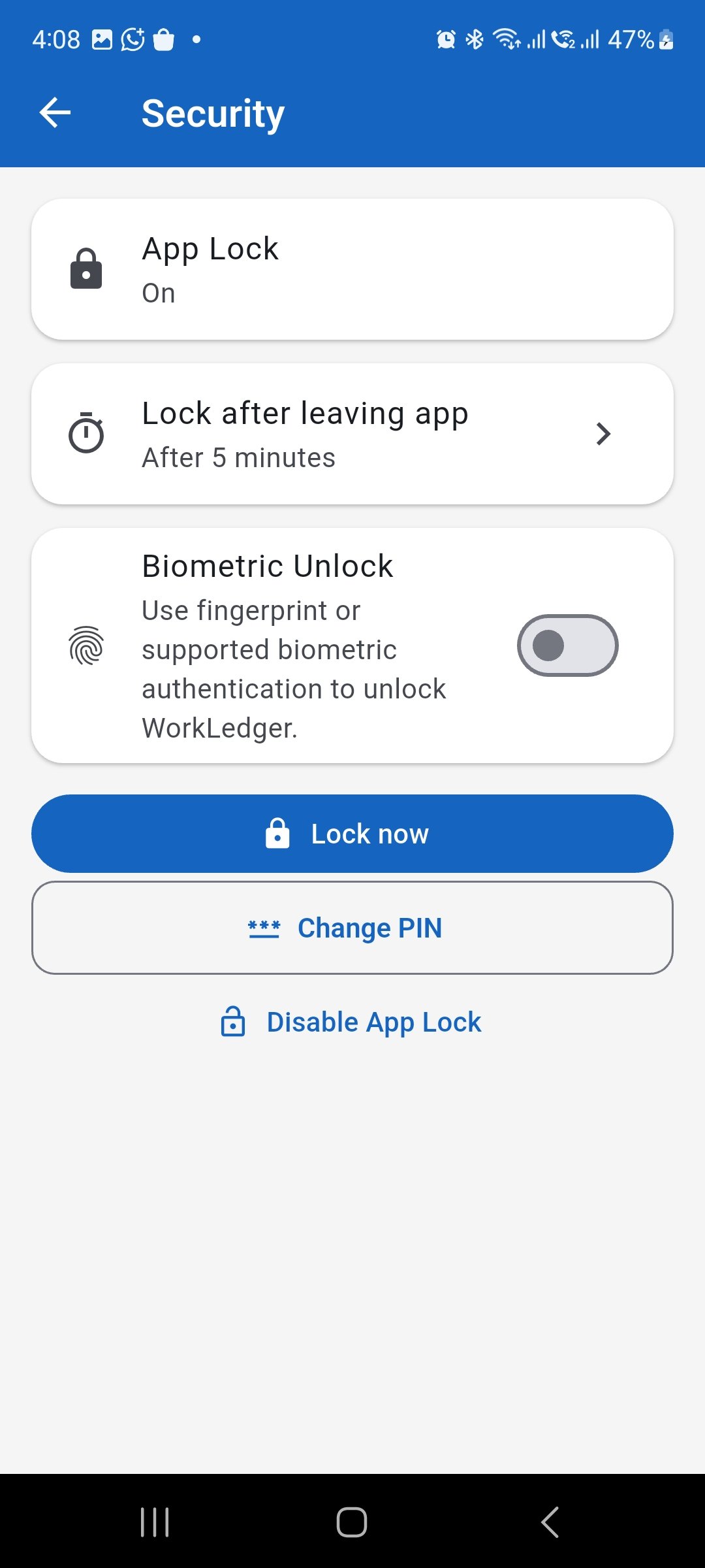 WorkLedger Security screen with App Lock enabled and Biometric Unlock turned off